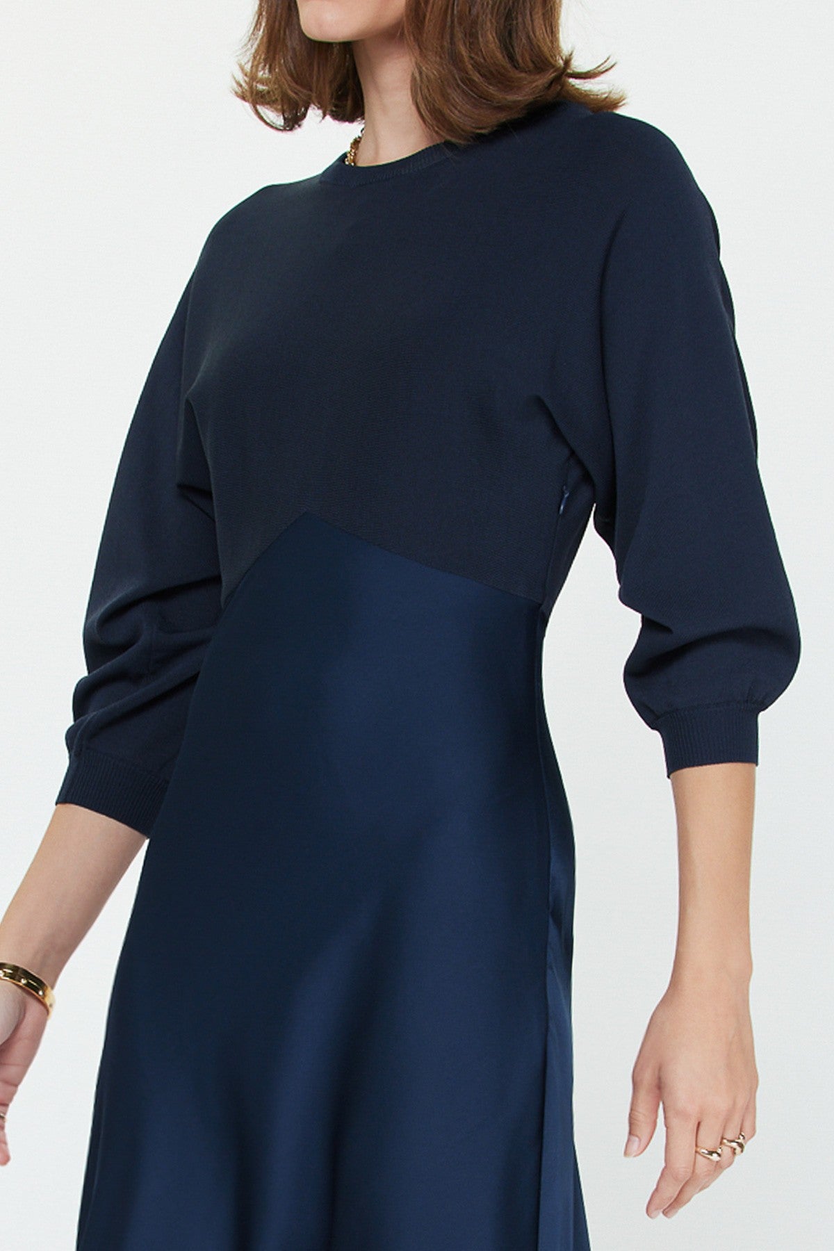 The Avery Satin Sweater Dress in Deep Navy
