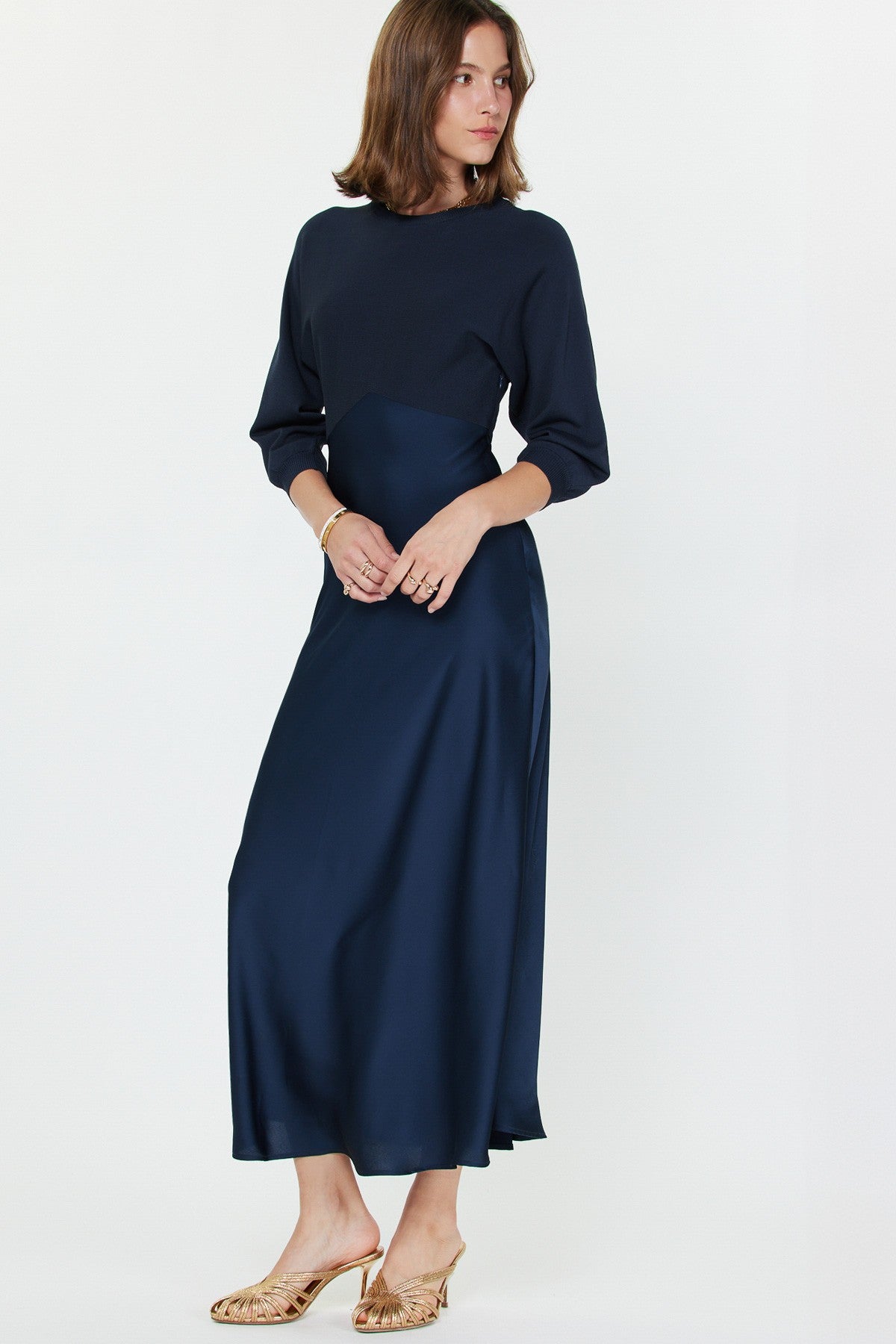 The Avery Satin Sweater Dress in Deep Navy