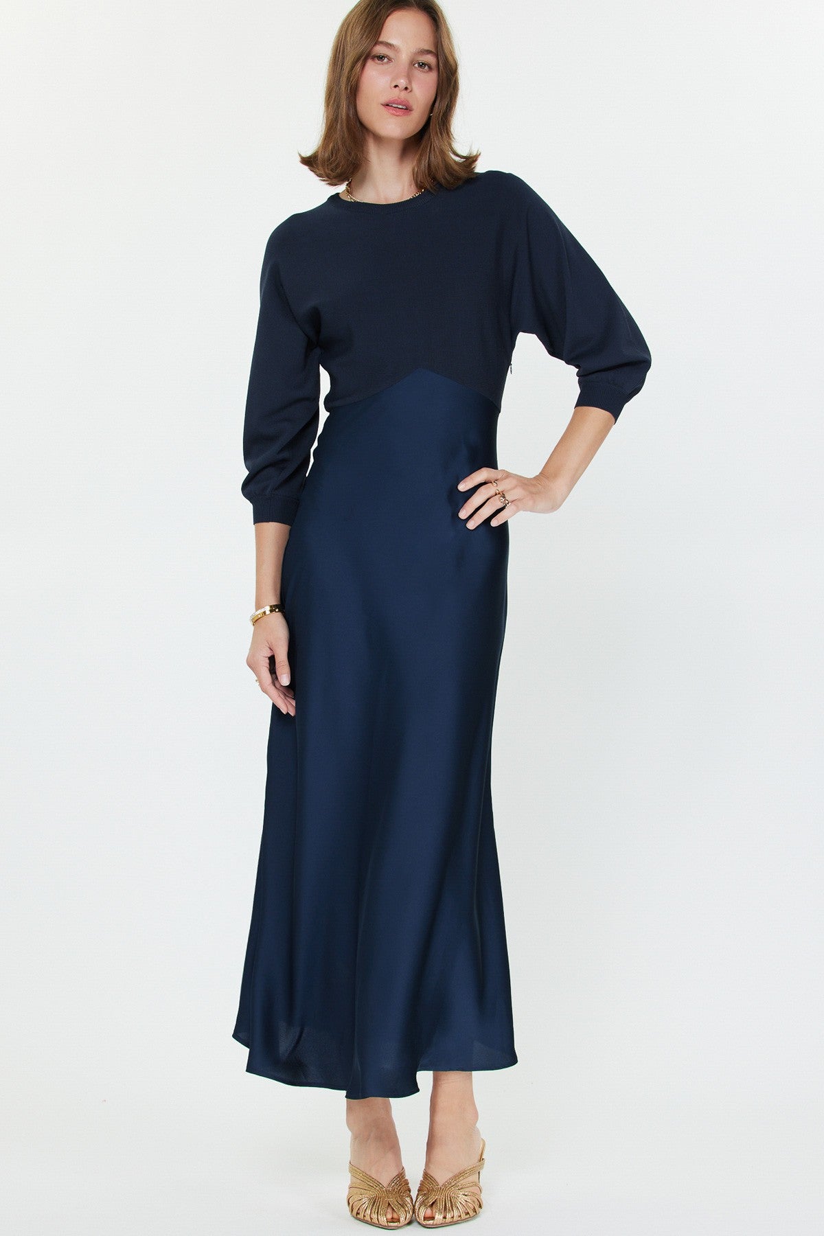 The Avery Satin Sweater Dress in Deep Navy