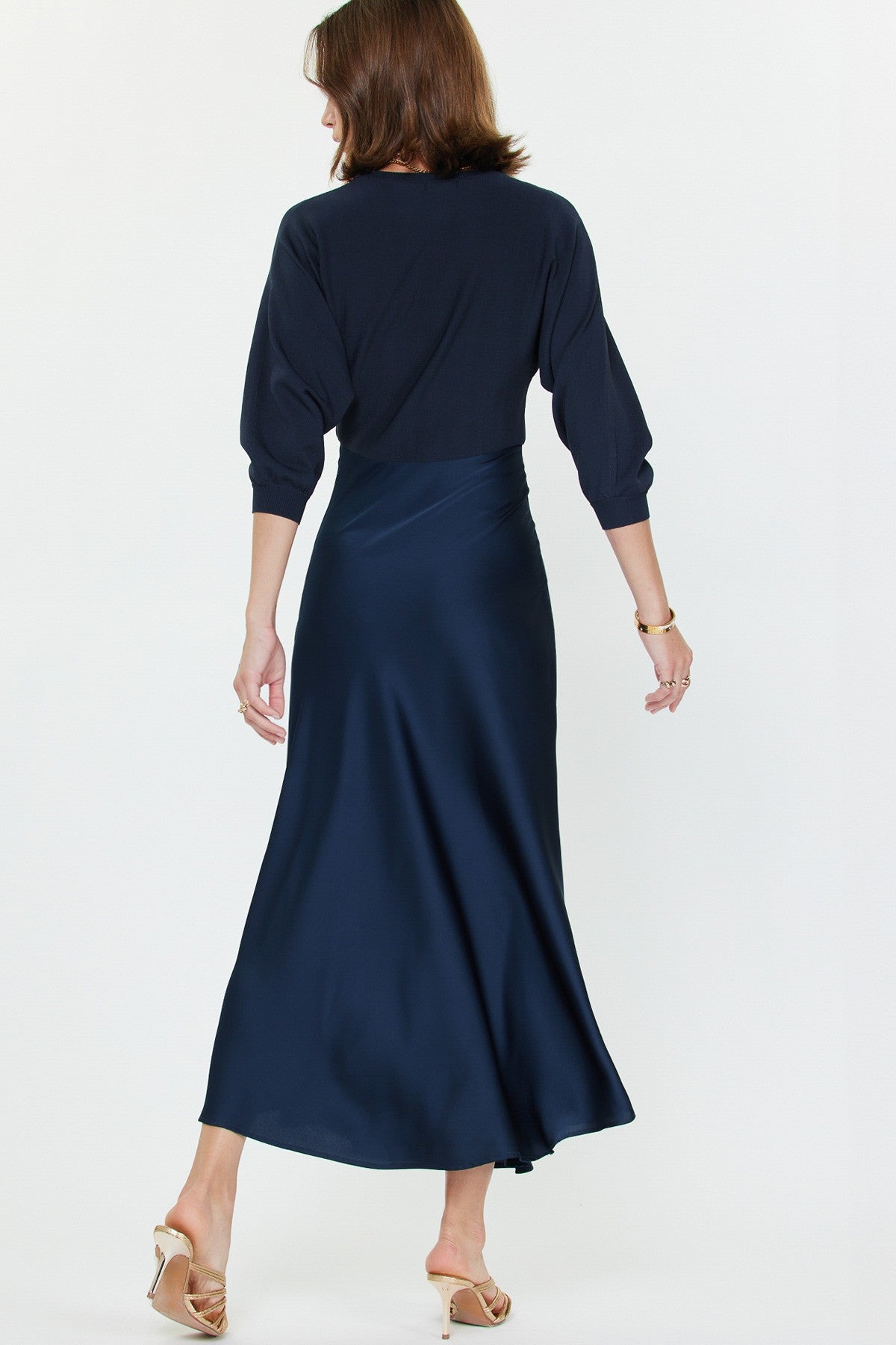 The Avery Satin Sweater Dress in Deep Navy
