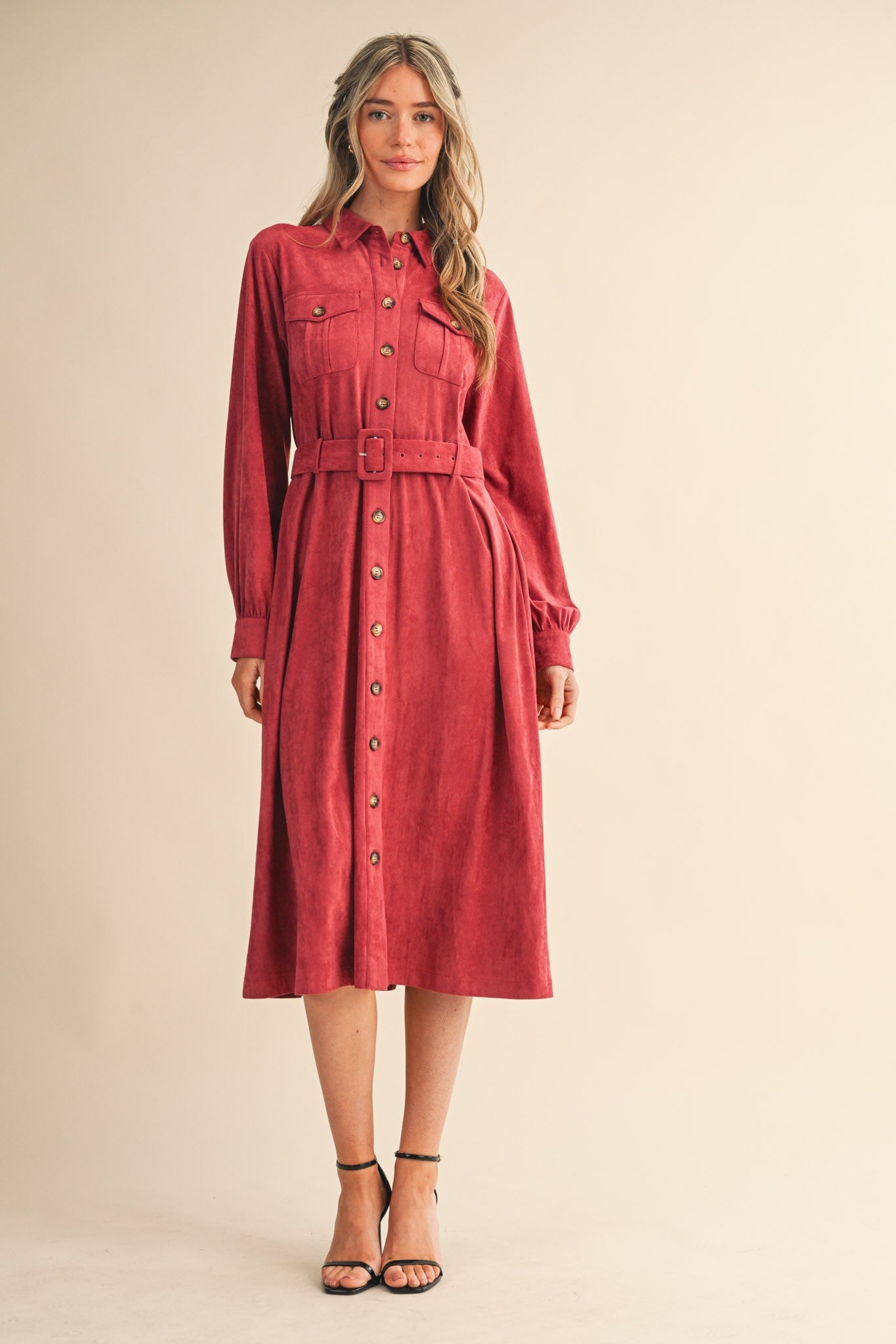 The Margot Suede Belted Shirt Dress in Berry