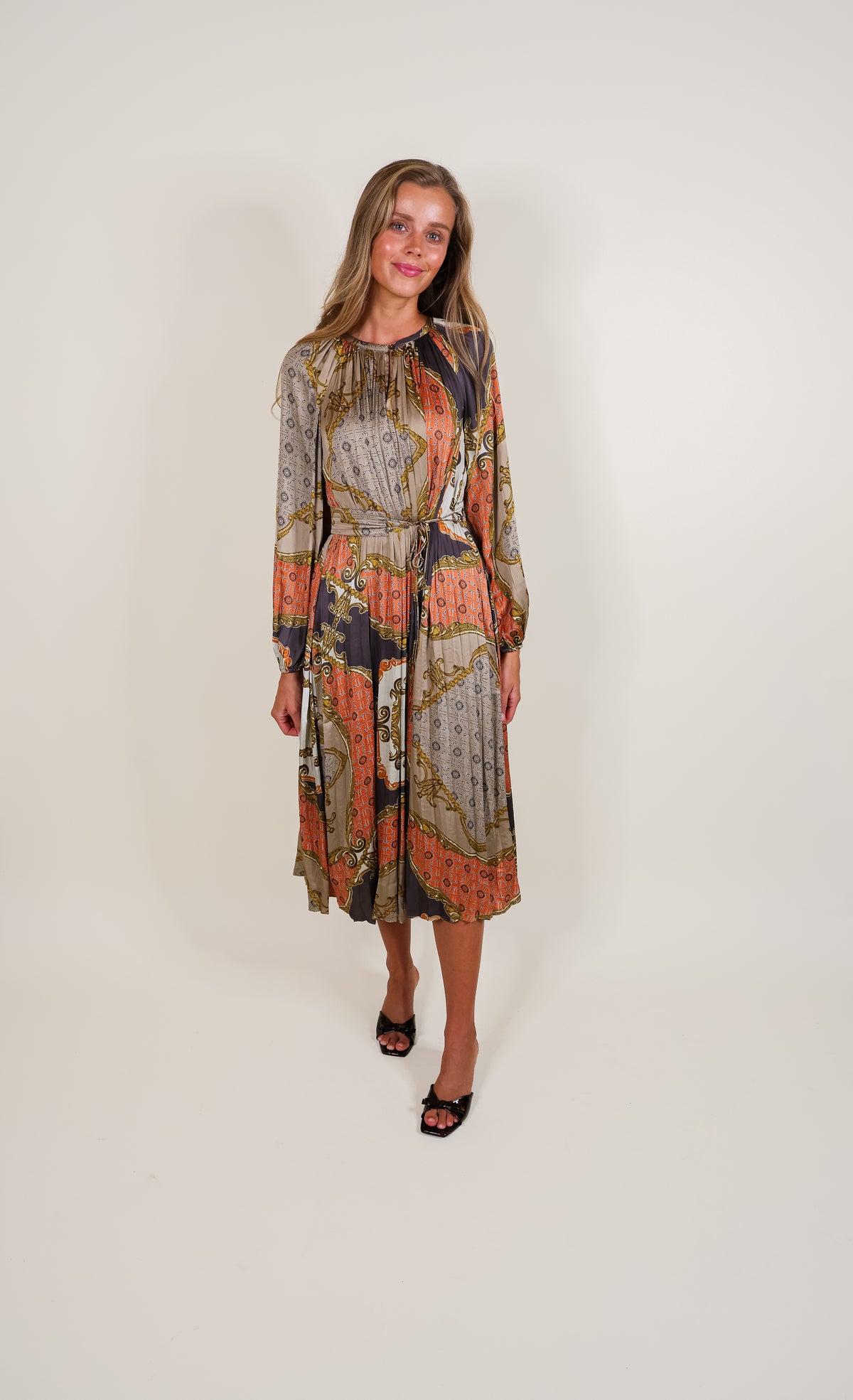The Celeste Pleated Satin Midi Dress