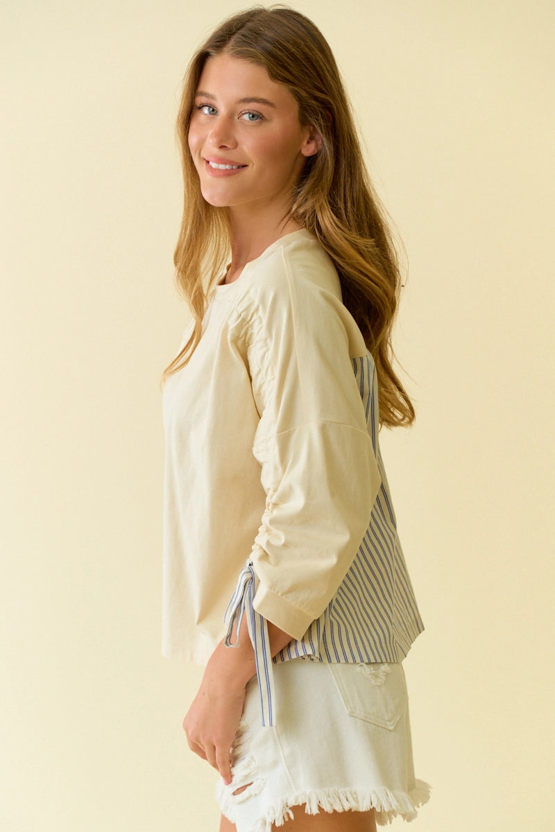 The Amelia Bow Sleeve Top in Butter Yellow & Blue Stripe