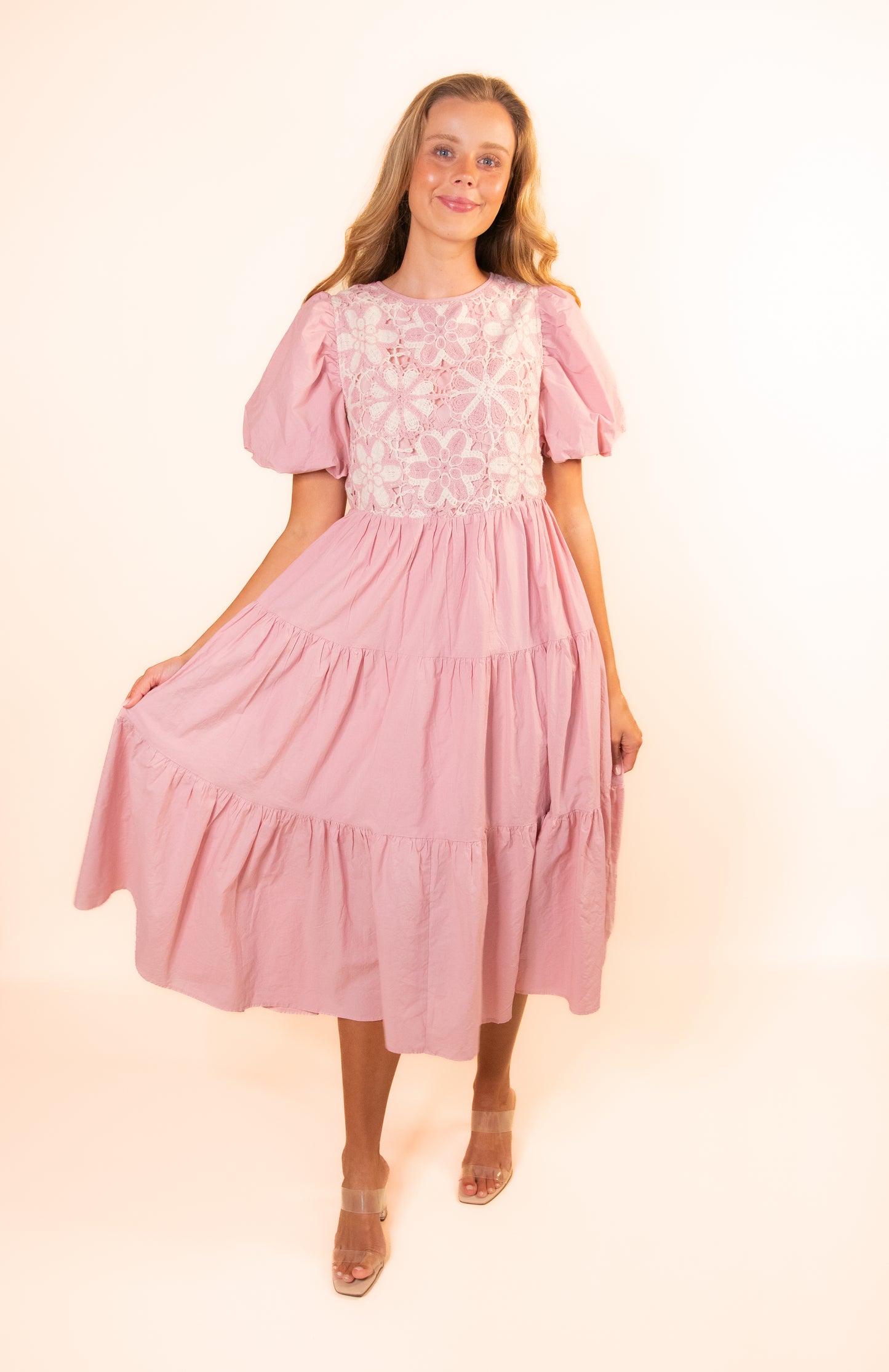 The Mara Crochet Tiered Midi in Pink