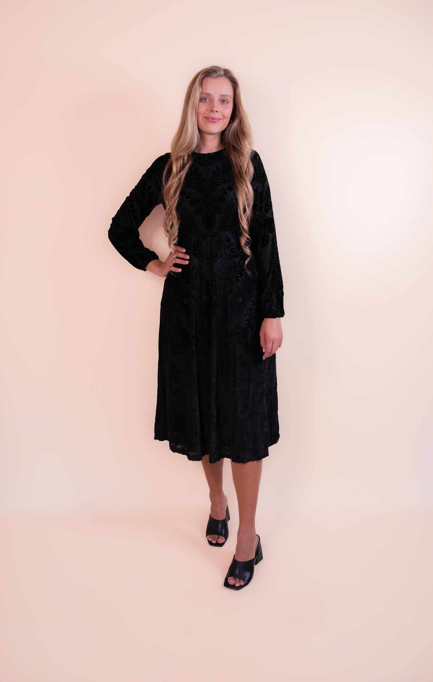 The Ellen Velvet Embossed Midi Dress in Black