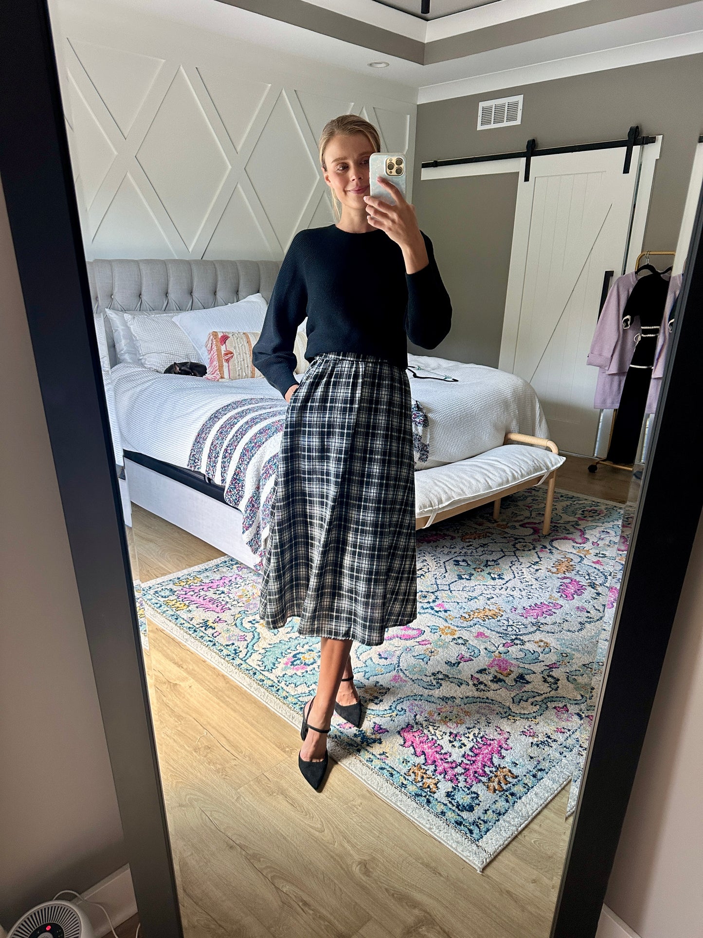 The Rowan Plaid Midi Skirt in Black & White