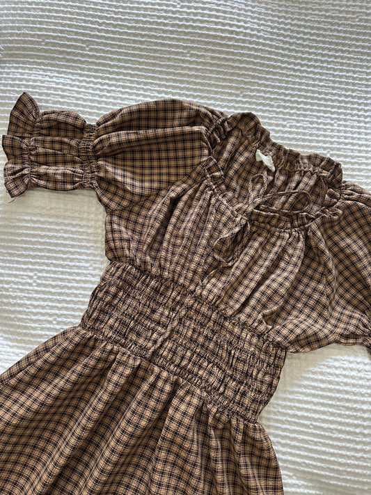 The Mae Plaid Midi Dress in Brown Plaid