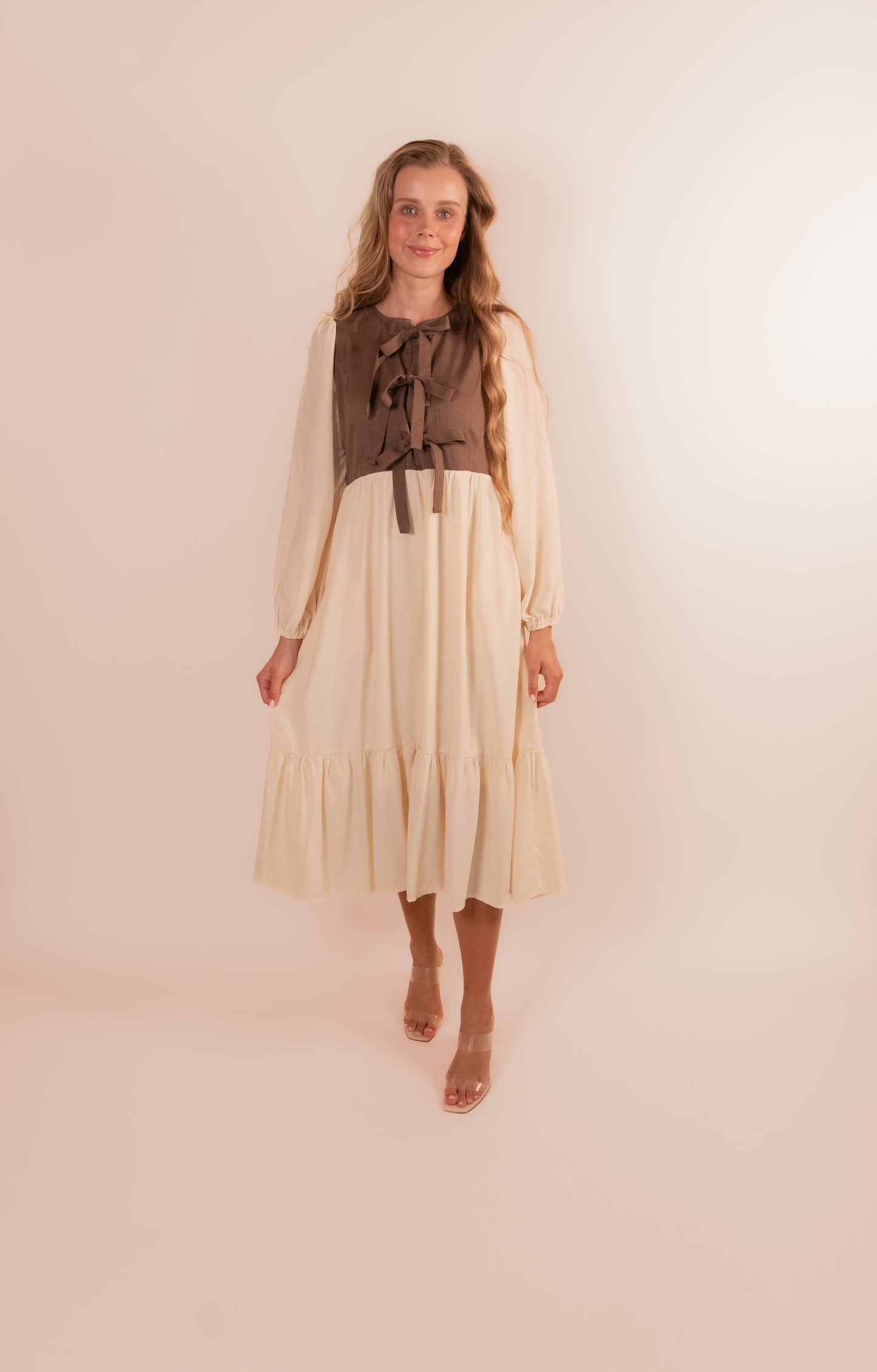 The Sasha Bow Dress in Cream and Brown