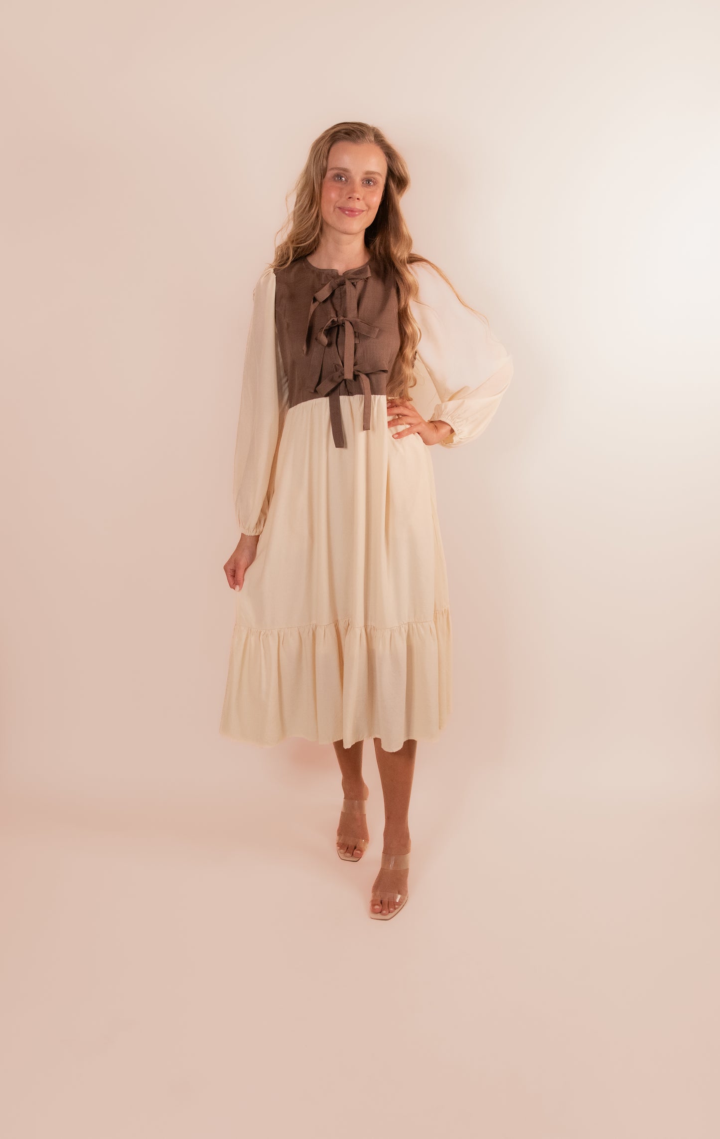 The Sasha Bow Dress in Cream and Brown