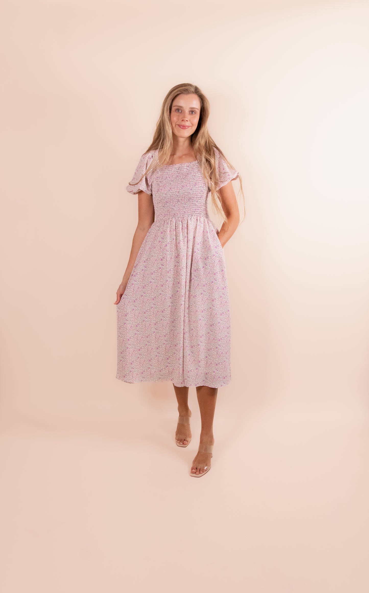 The Alexa Smocked Dress in Pink Floral