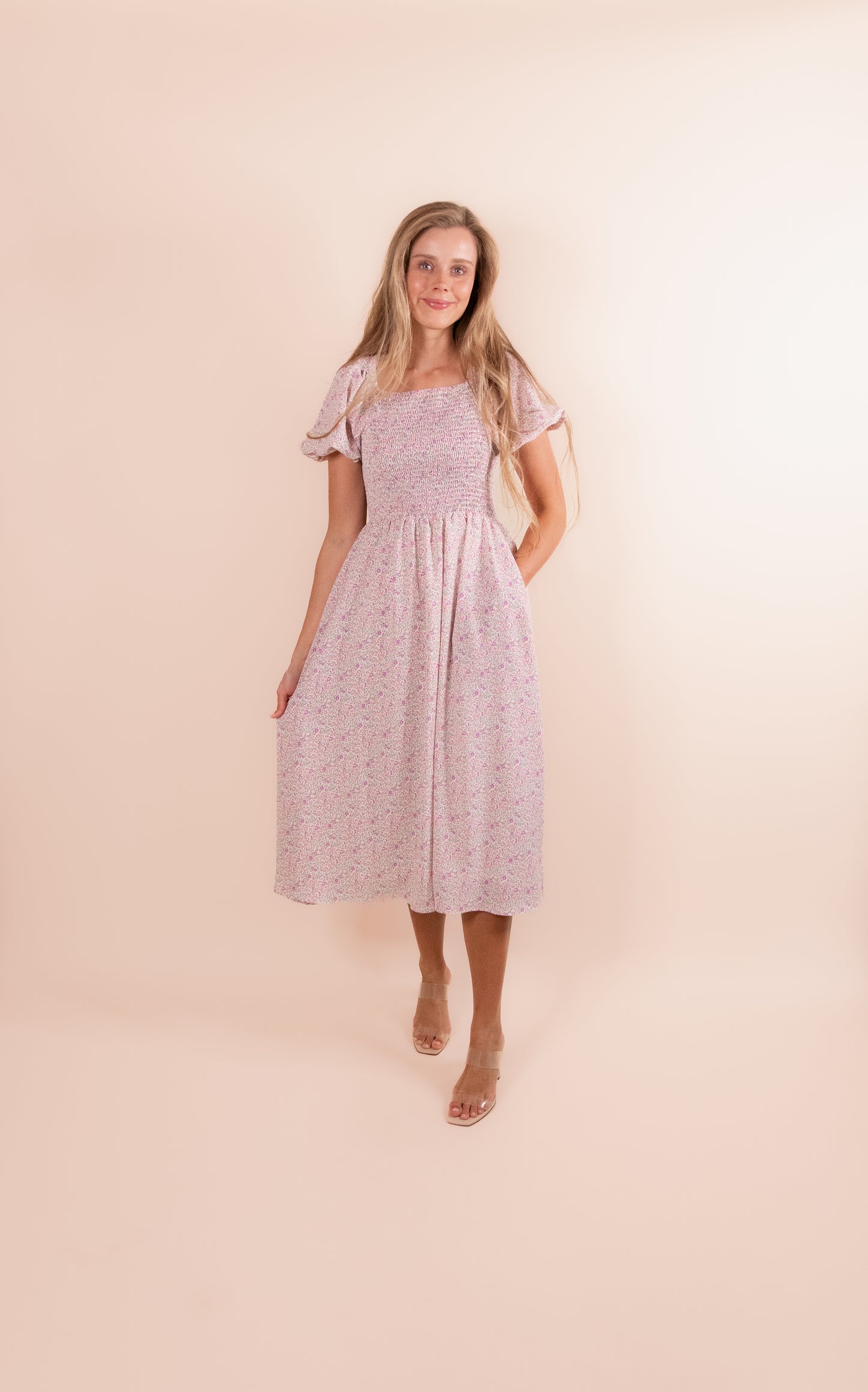 The Alexa Smocked Dress in Pink Floral