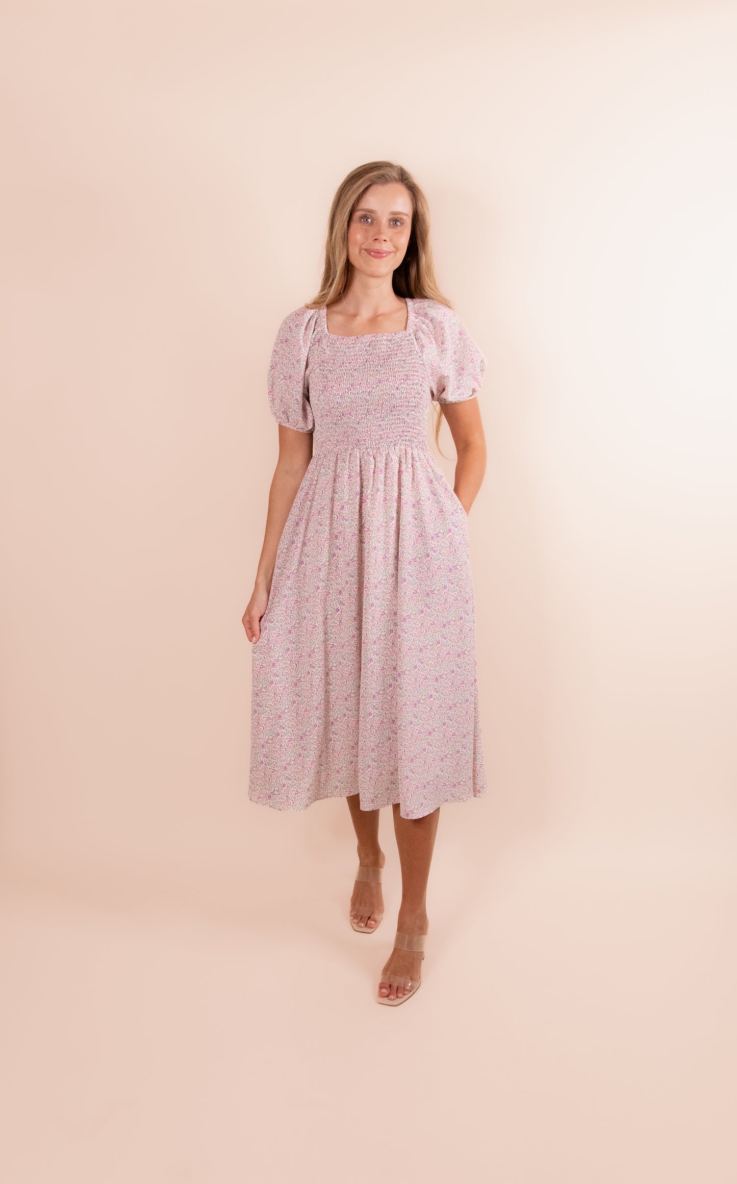 The Alexa Smocked Dress in Pink Floral
