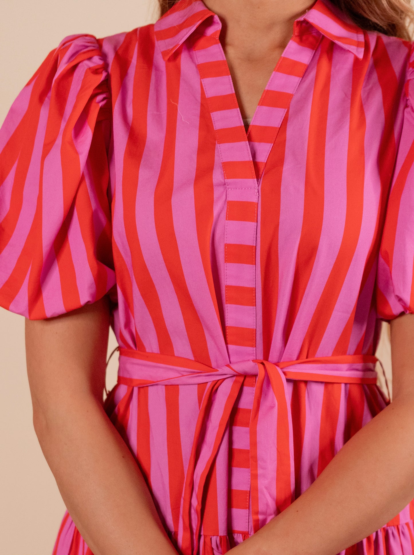 The Scottie Collar Dress in Pink & Red Stripes