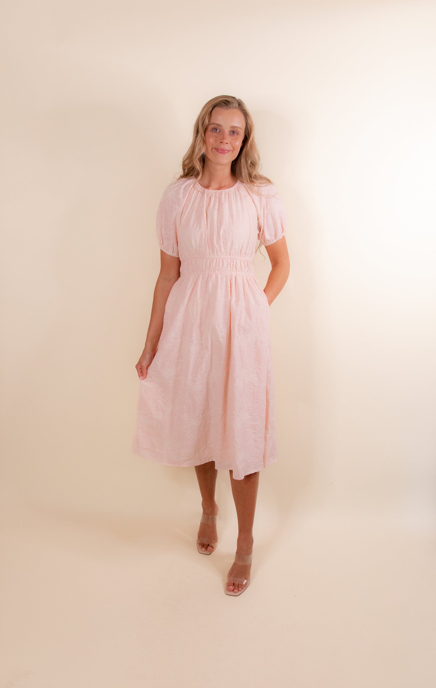 The Kenna Embroidered Floral Dress in Blush