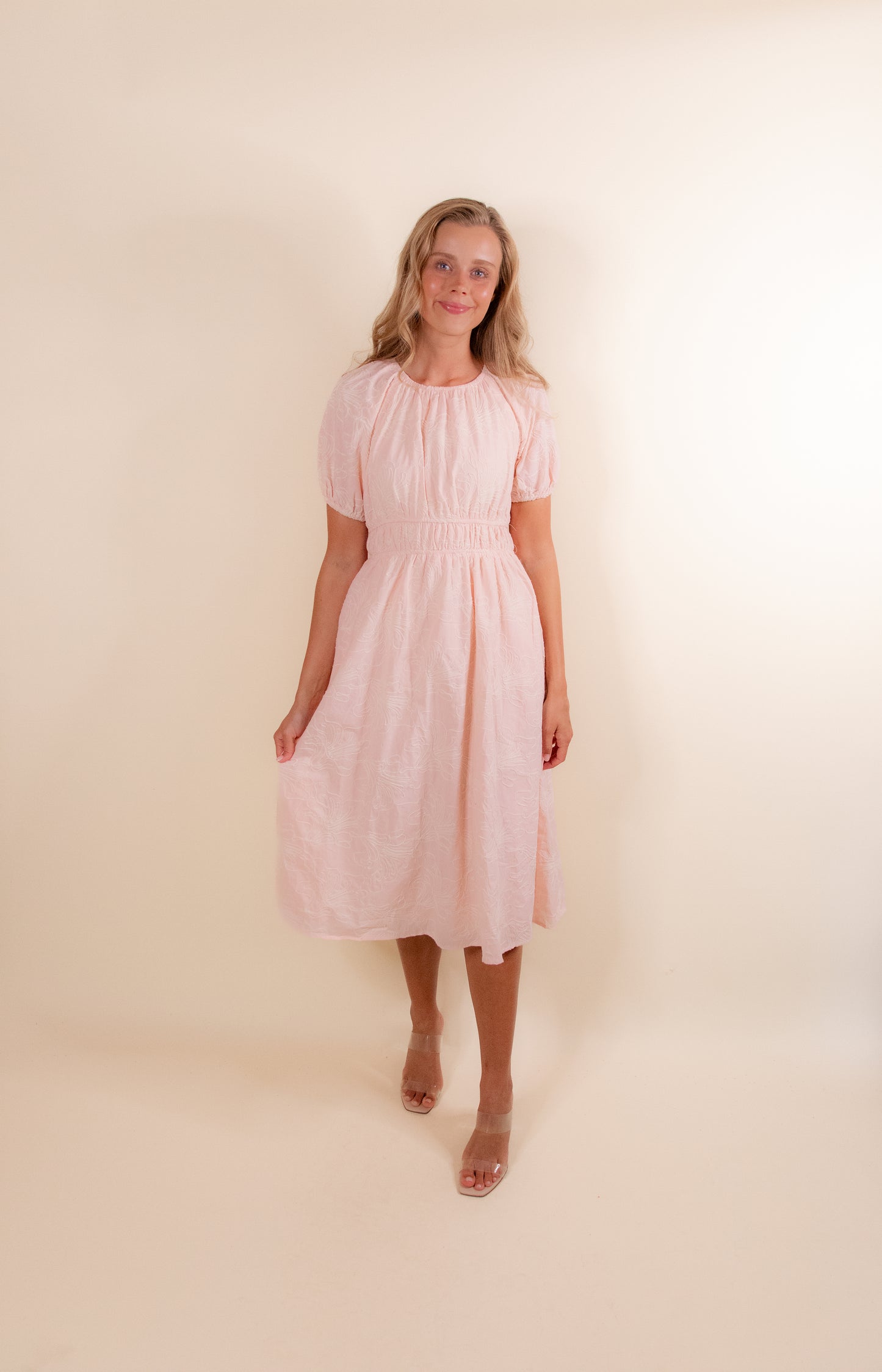 The Kenna Embroidered Floral Dress in Blush