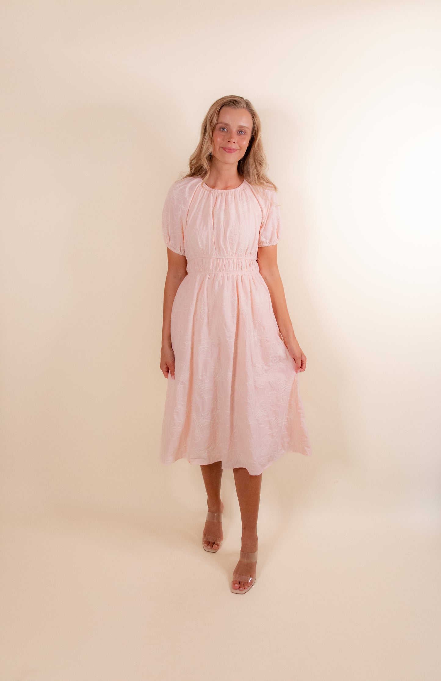 The Kenna Embroidered Floral Dress in Blush