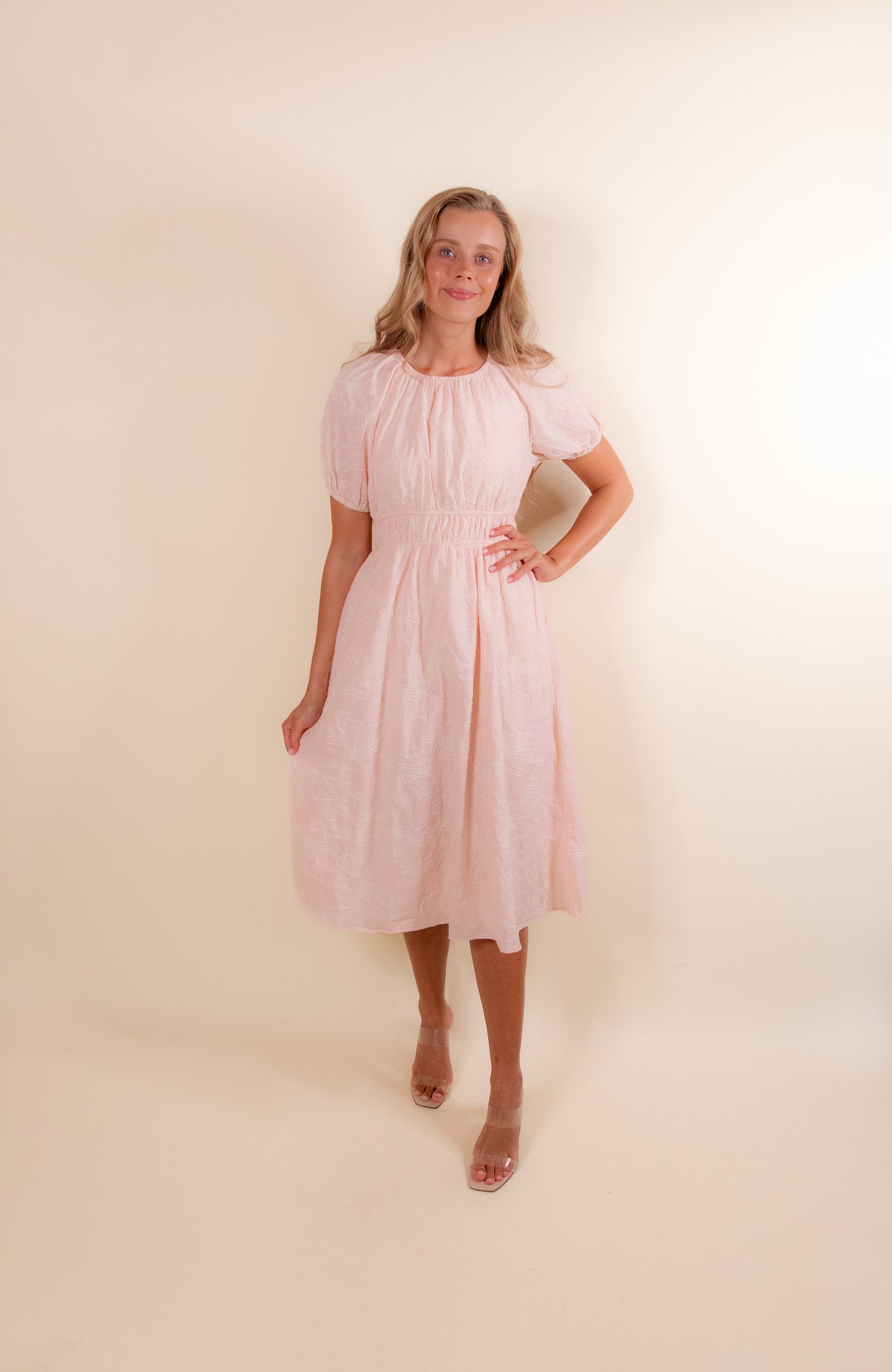 The Kenna Embroidered Floral Dress in Blush