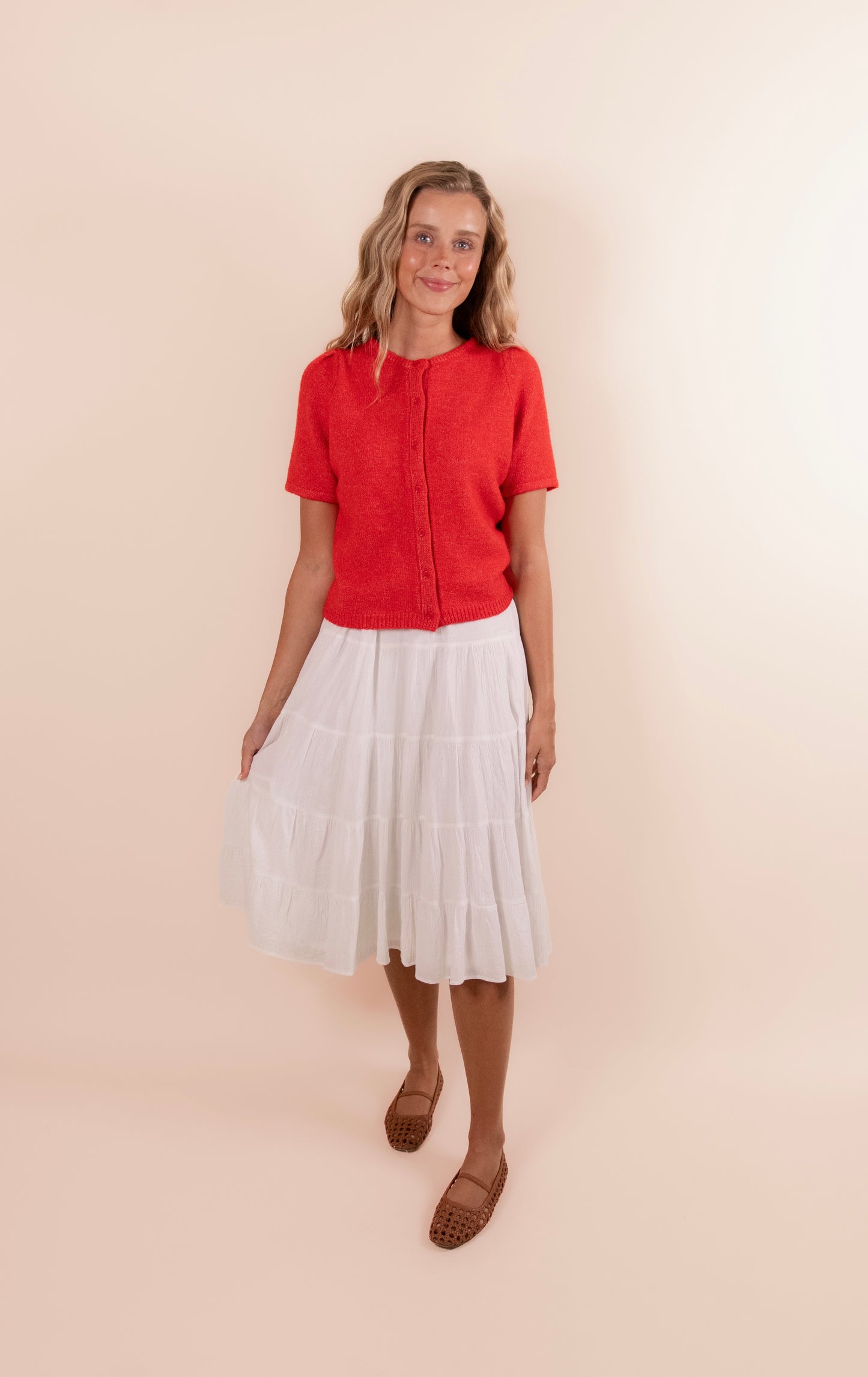 The Rory Knit Short Sleeve Cardigan in Red