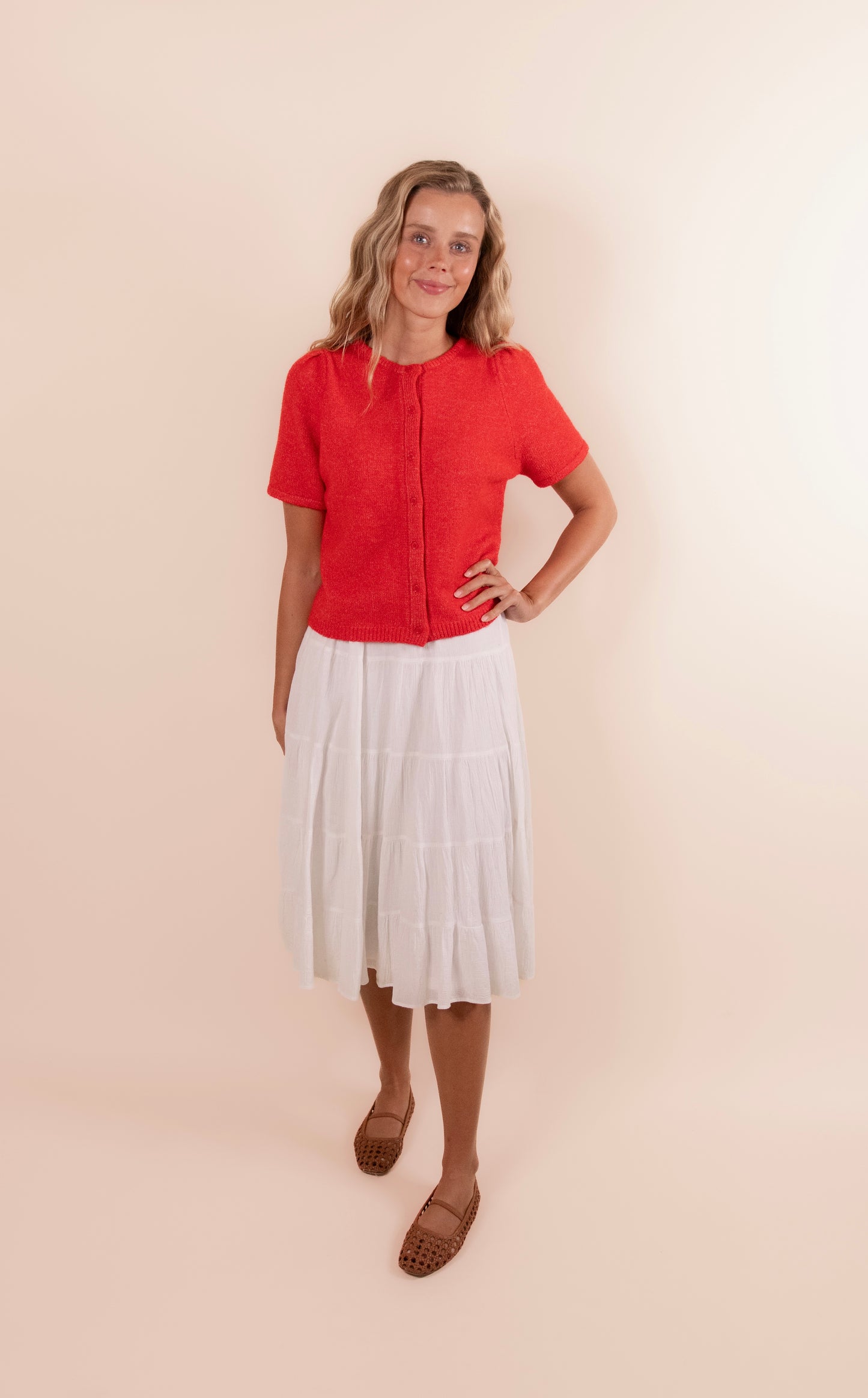 The Rory Knit Short Sleeve Cardigan in Red