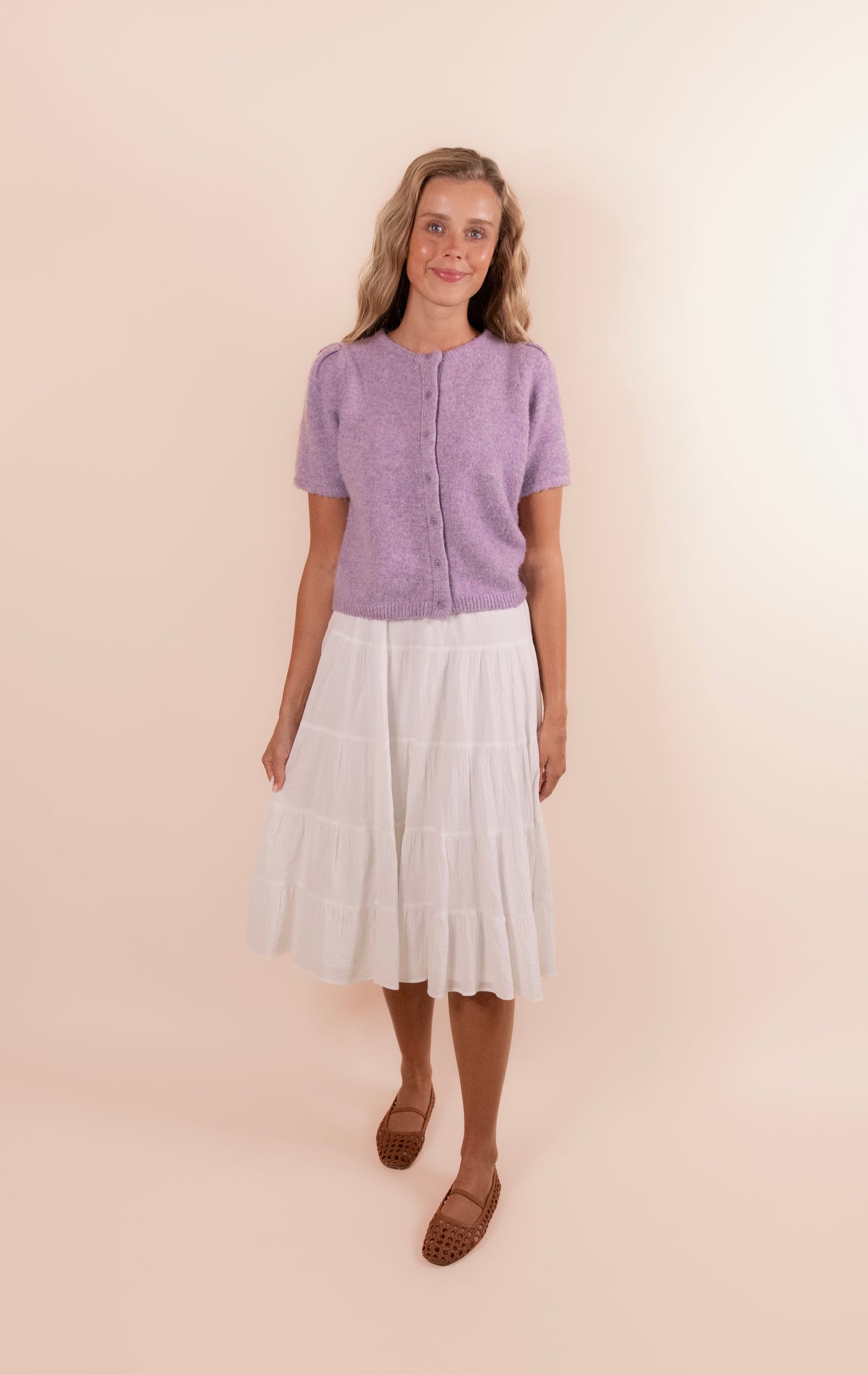The Rory Knit Short Sleeve Cardigan in Lavender