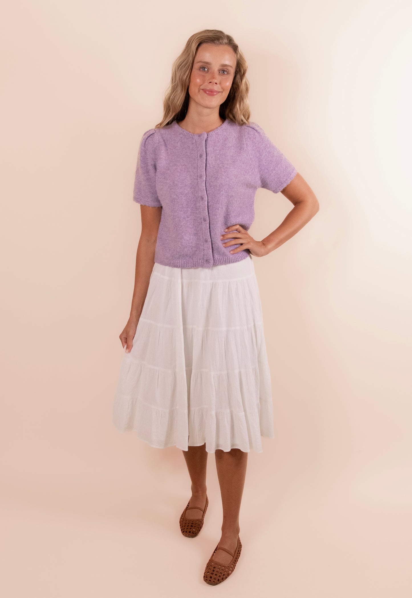 The Rory Knit Short Sleeve Cardigan in Lavender