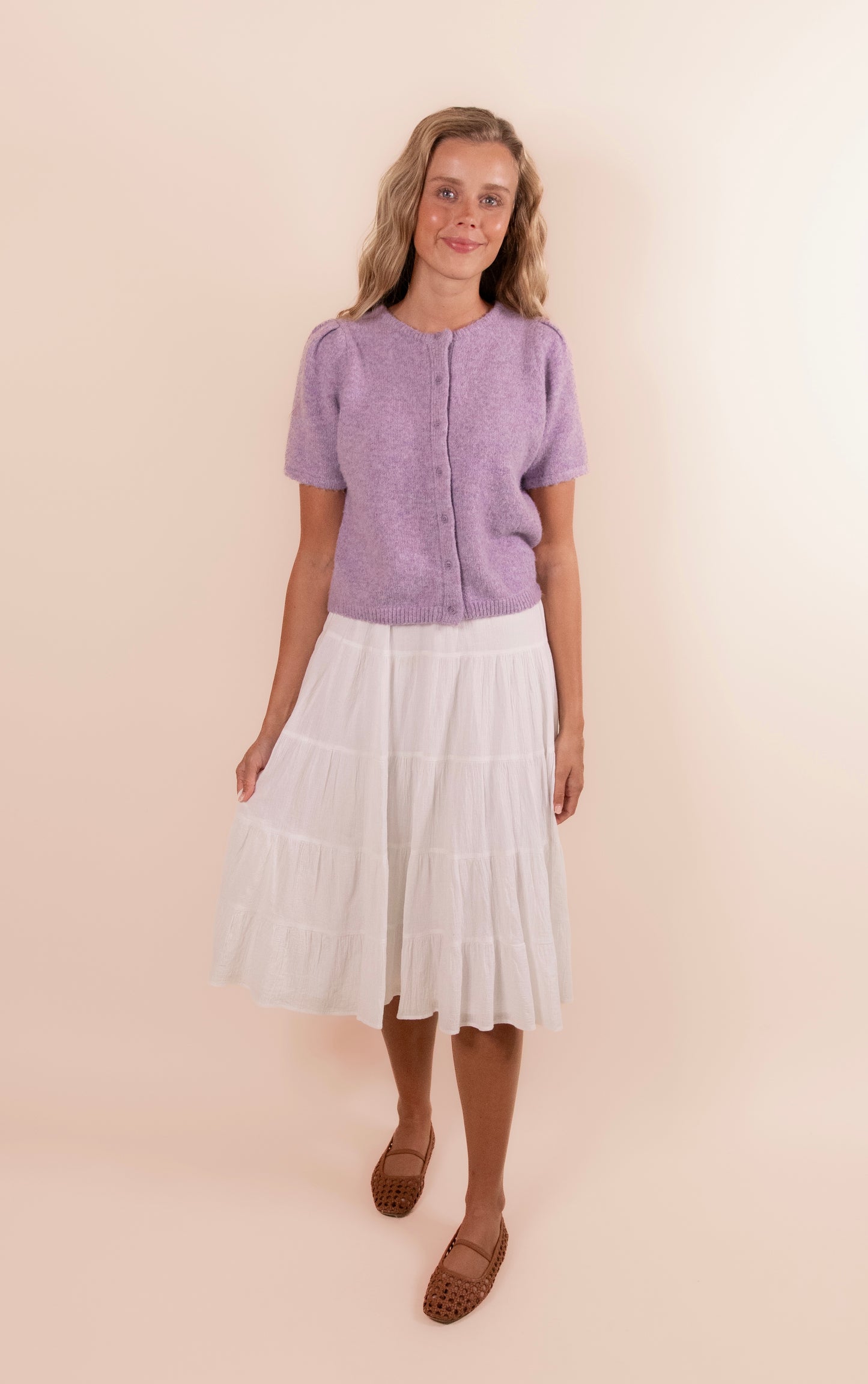 The Rory Knit Short Sleeve Cardigan in Lavender