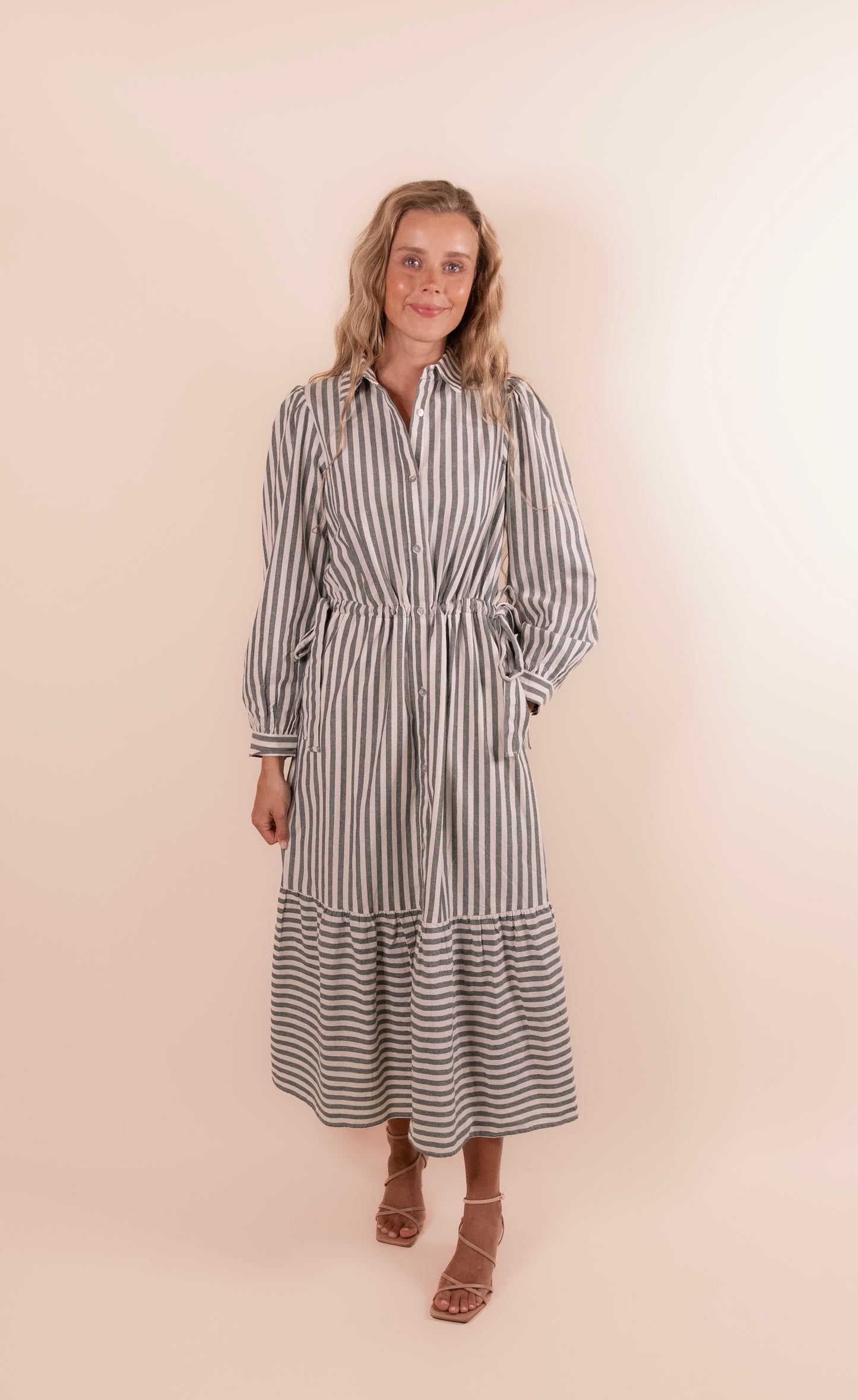 The Evelyn Bow Detail Shirt Dress in Green Stripes