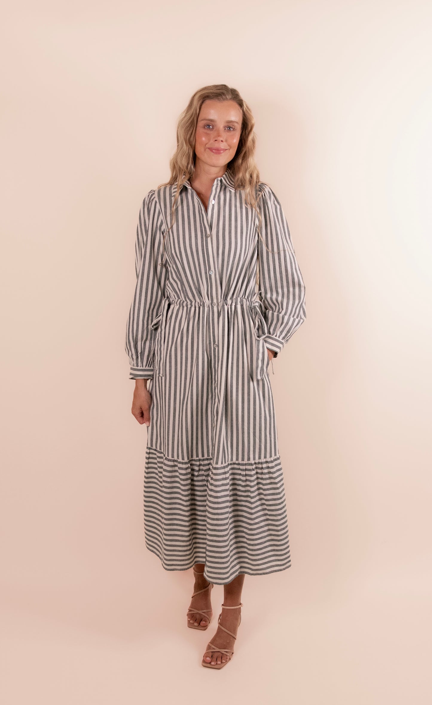 The Evelyn Bow Detail Shirt Dress in Green Stripes