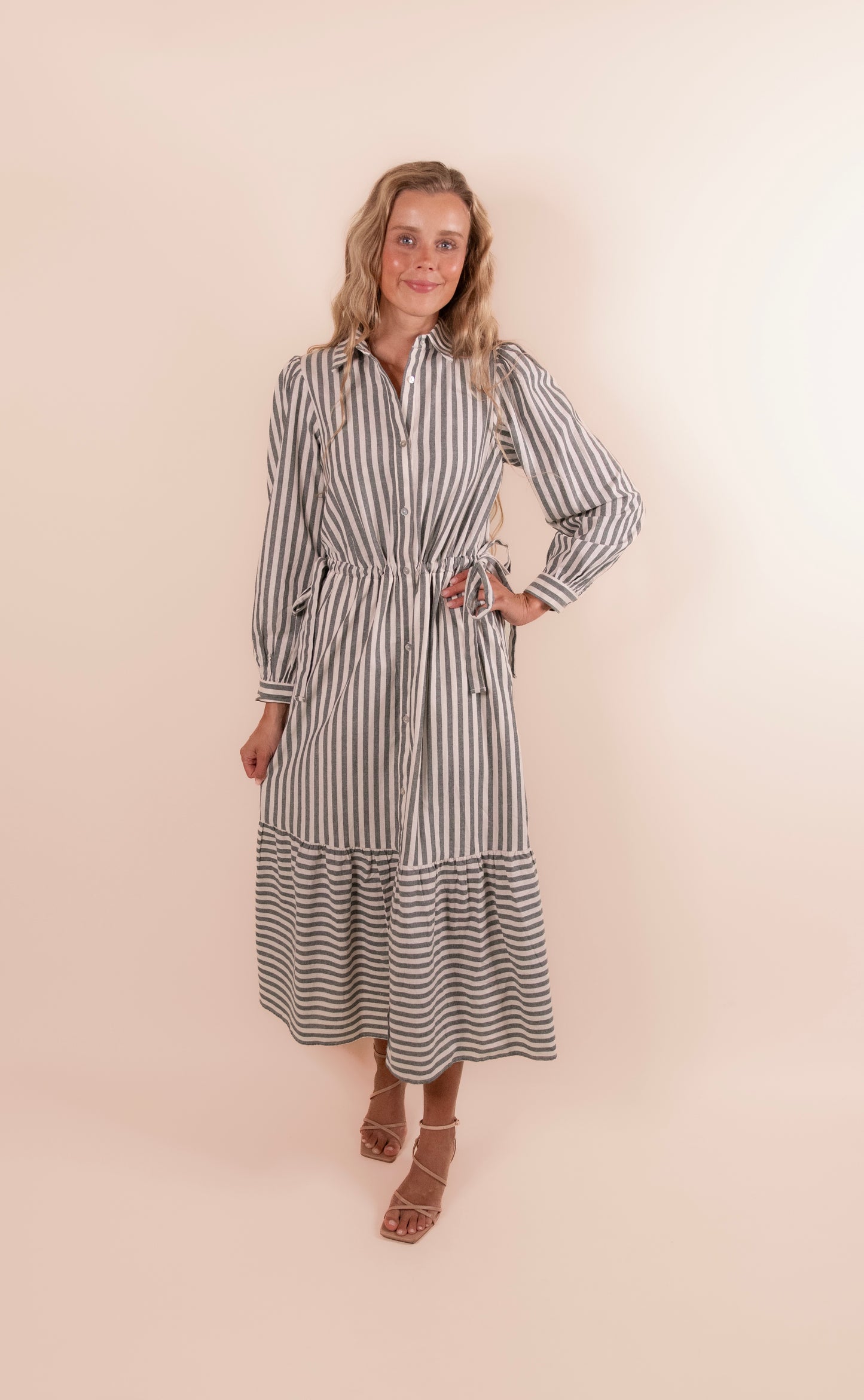 The Evelyn Bow Detail Shirt Dress in Green Stripes