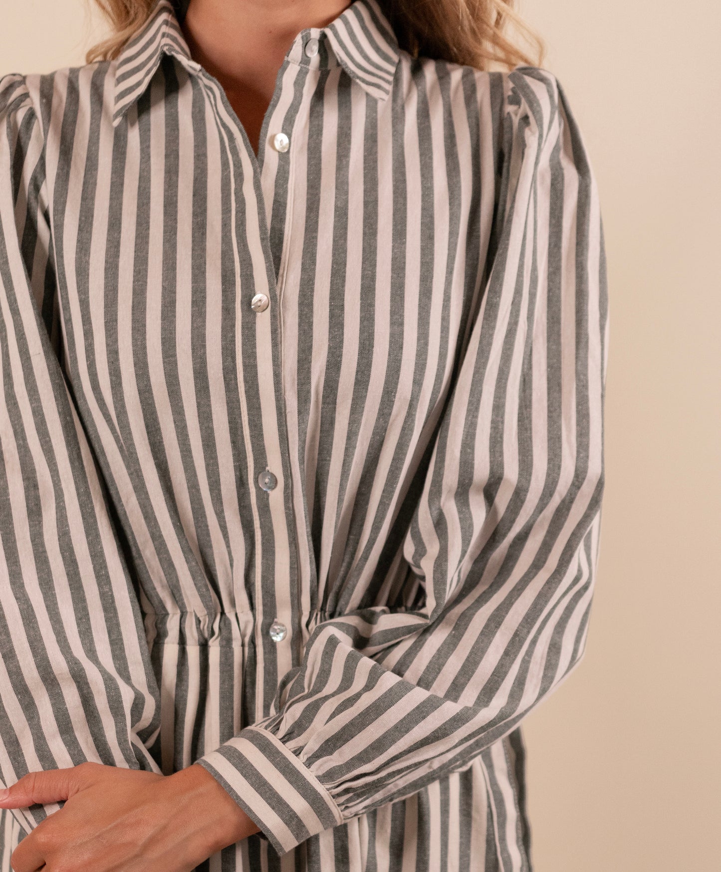 The Evelyn Bow Detail Shirt Dress in Green Stripes