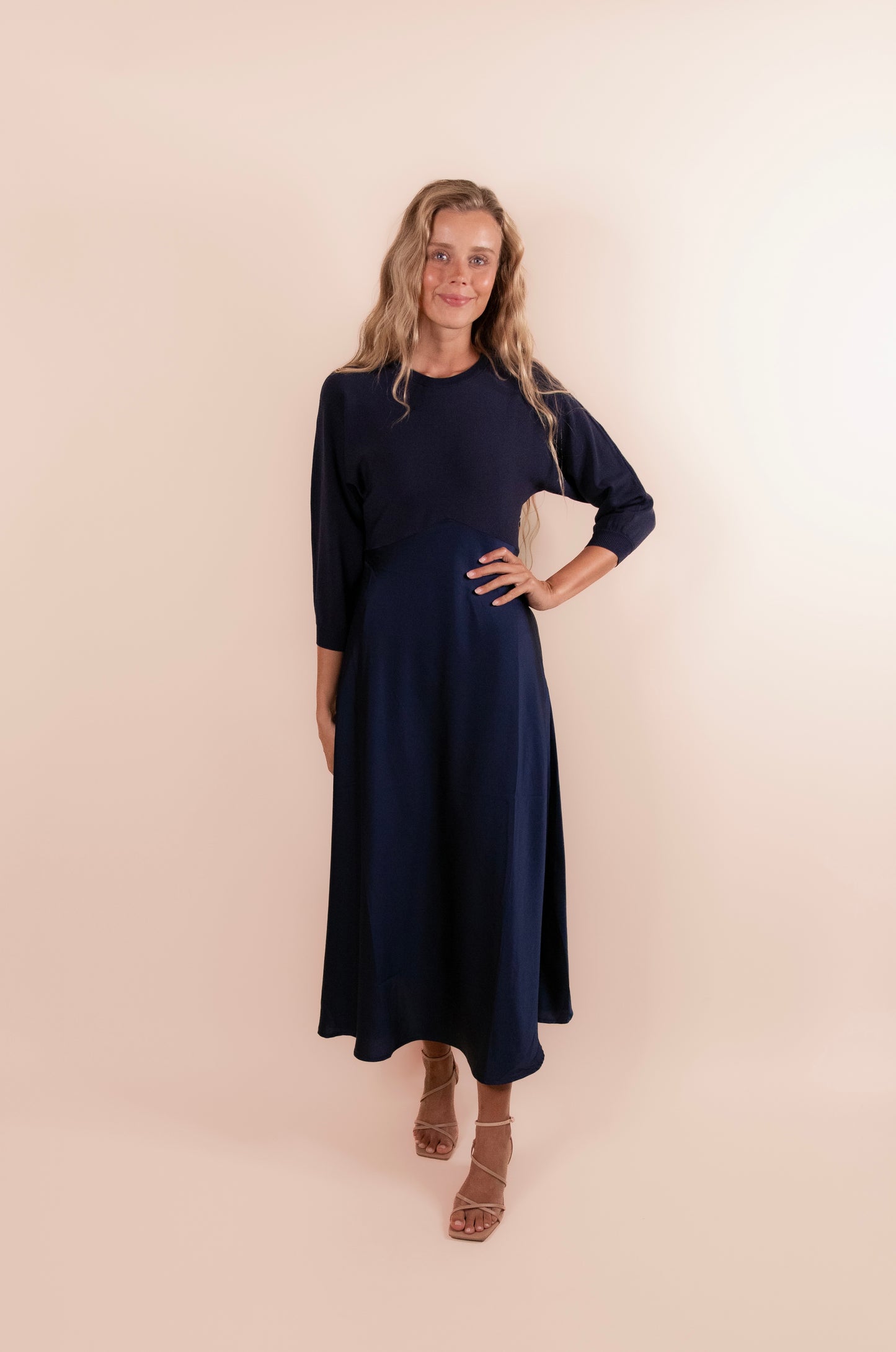 The Avery Satin Sweater Dress in Deep Navy