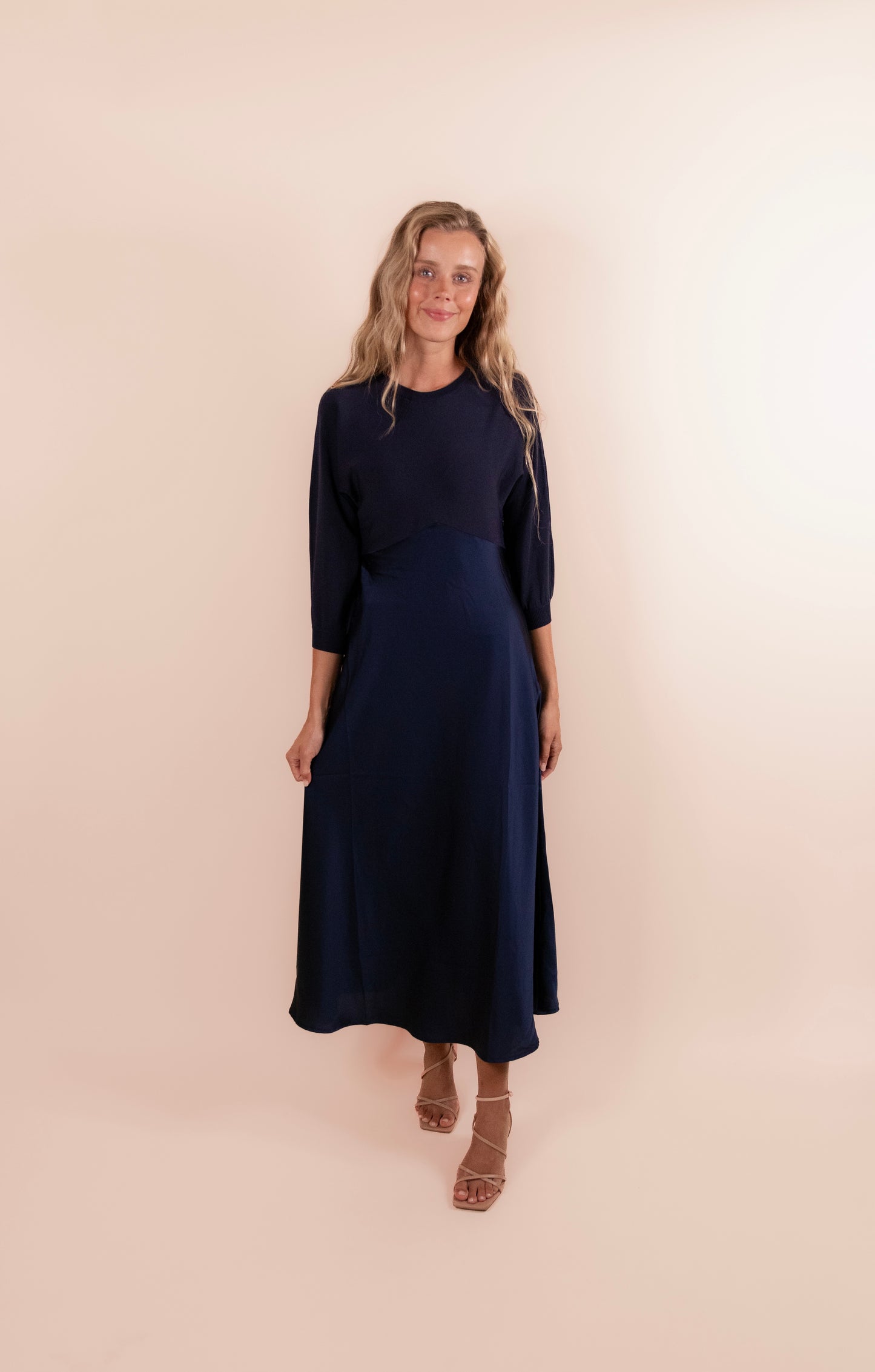 The Avery Satin Sweater Dress in Deep Navy