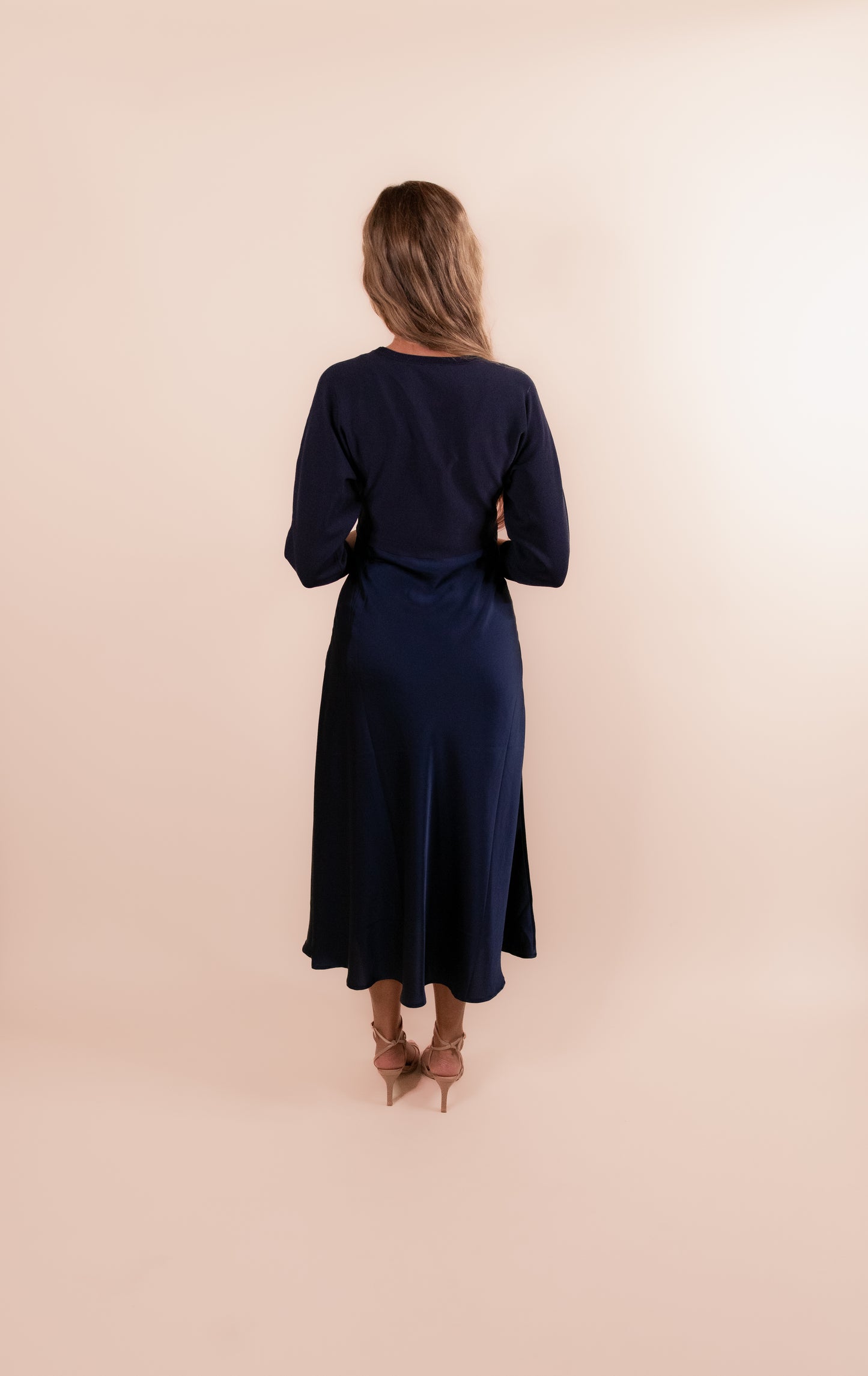 The Avery Satin Sweater Dress in Deep Navy