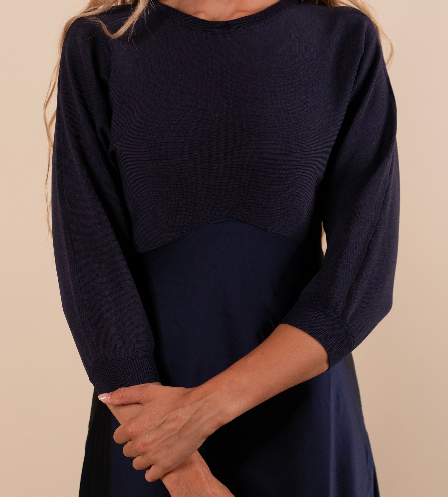 The Avery Satin Sweater Dress in Deep Navy