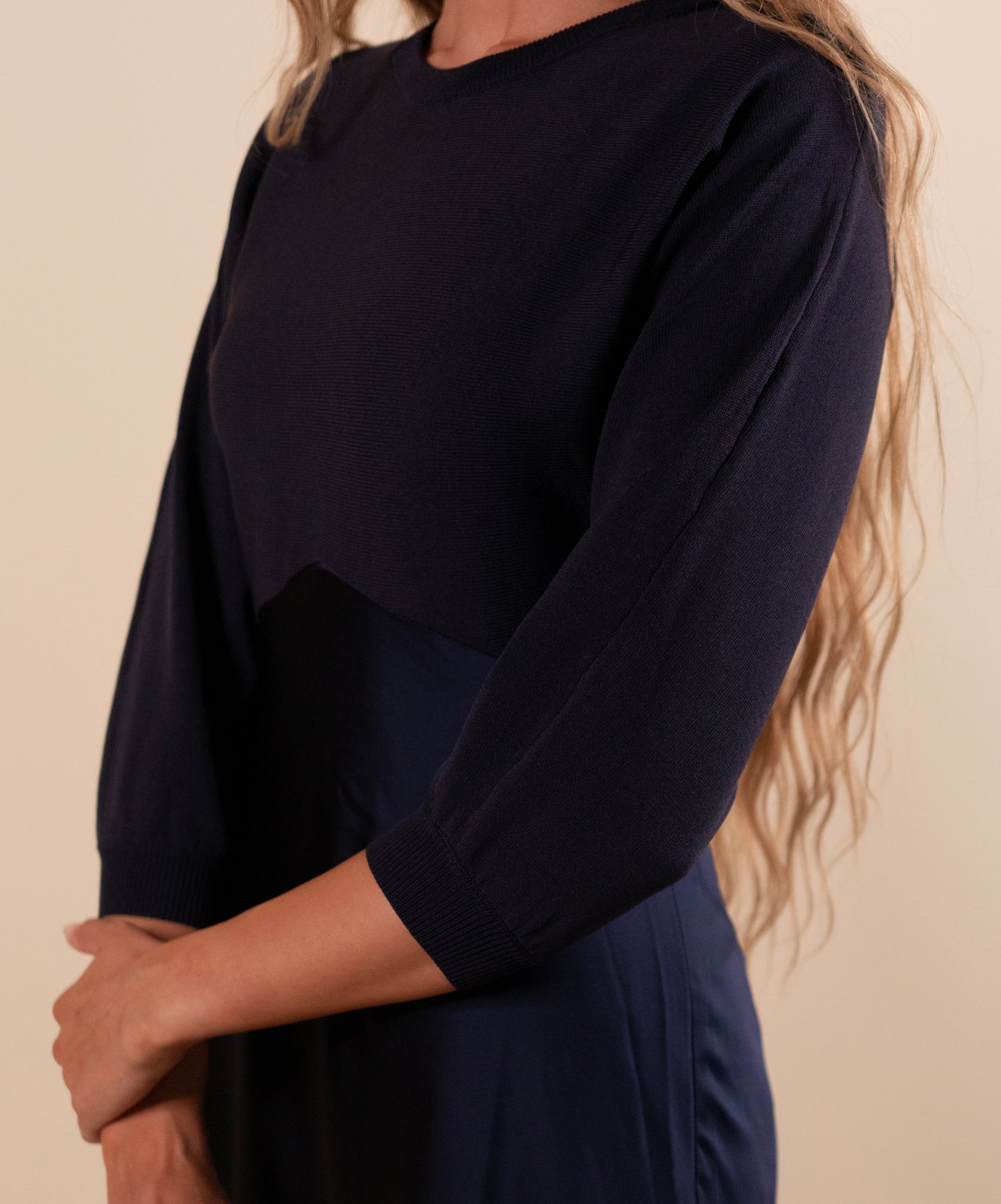The Avery Satin Sweater Dress in Deep Navy