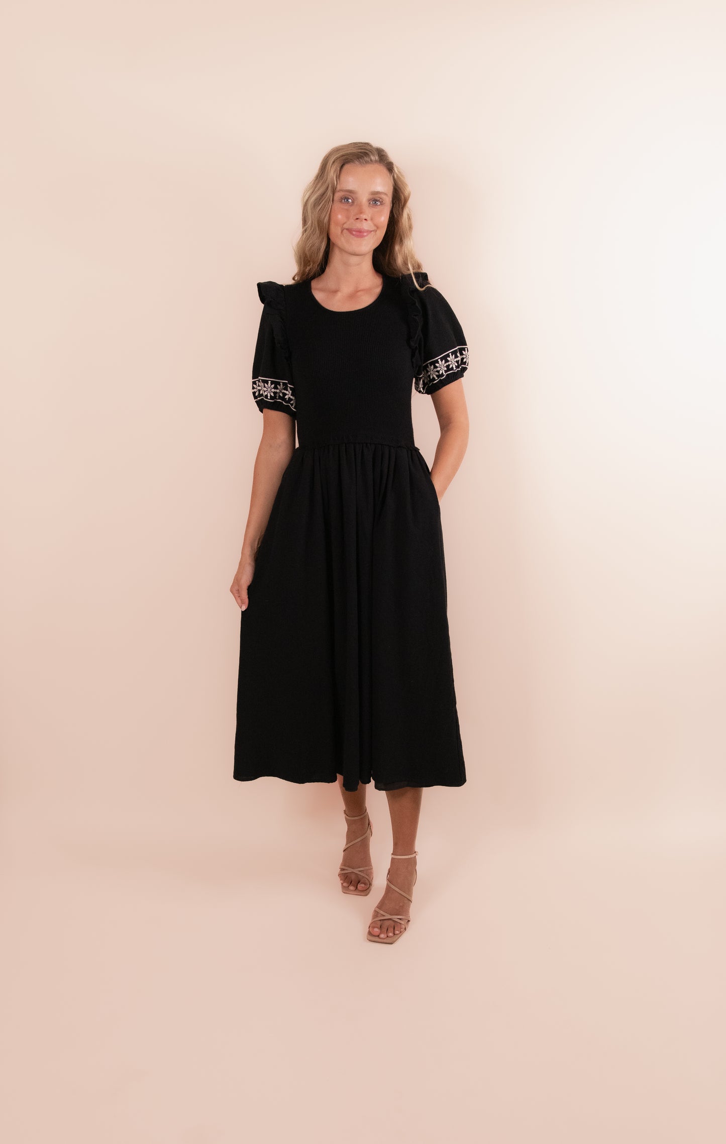 The Amelia Embroidered Knit Midi Dress in Black