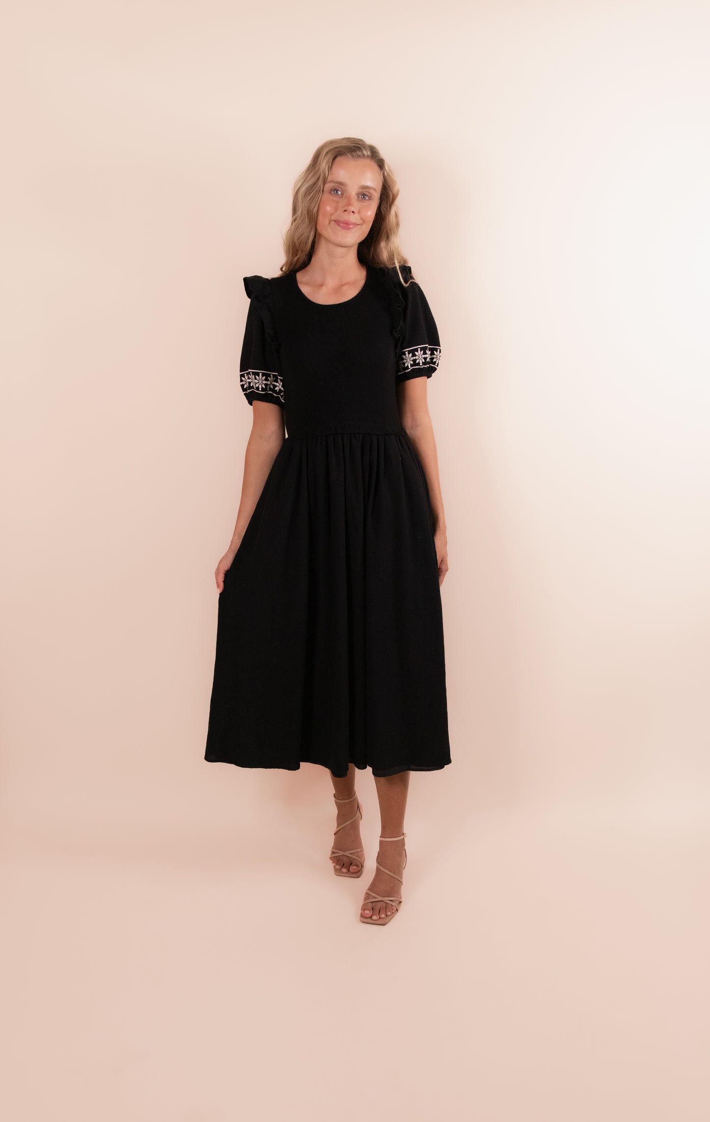 The Amelia Embroidered Knit Midi Dress in Black