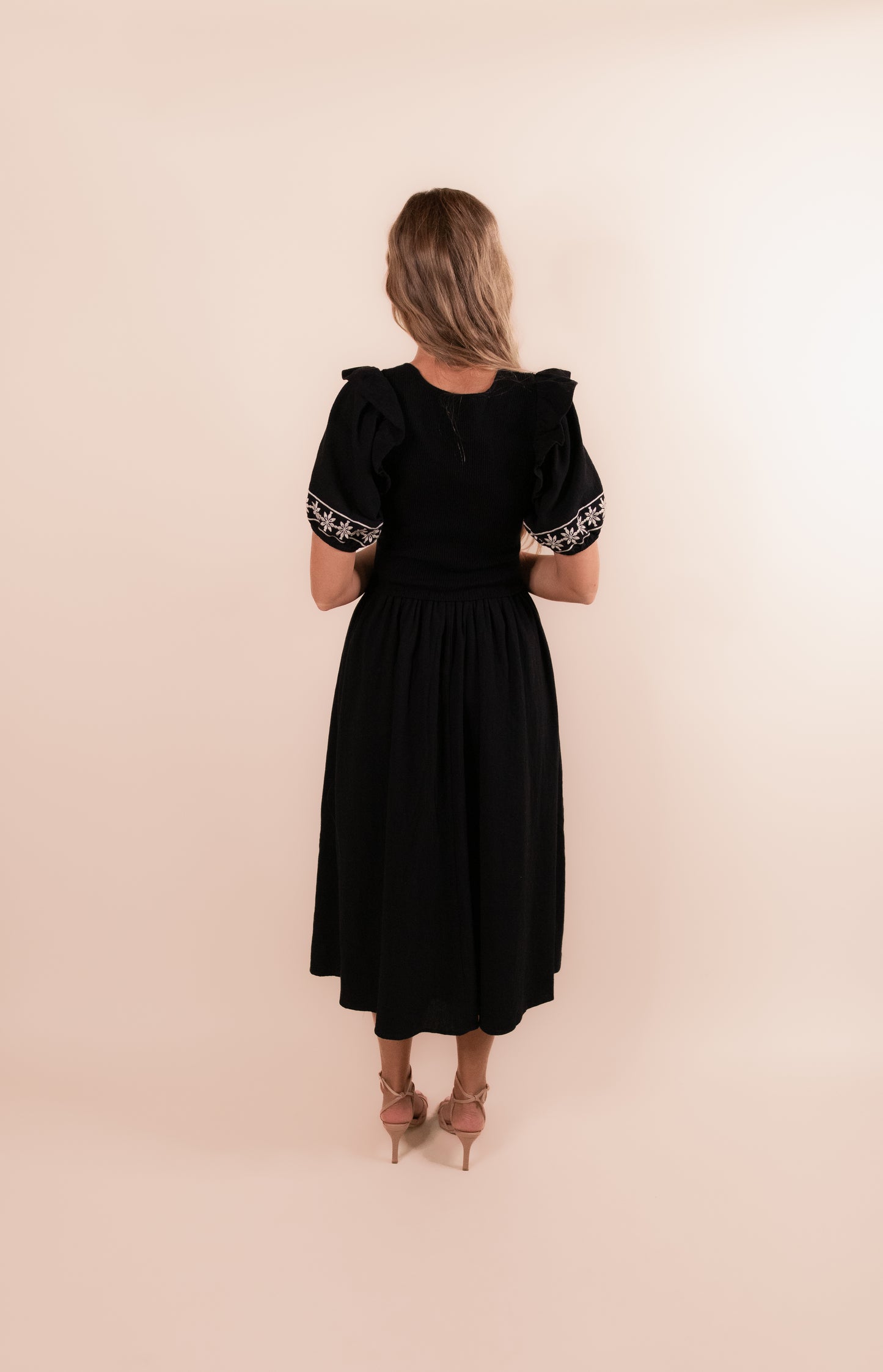 The Amelia Embroidered Knit Midi Dress in Black