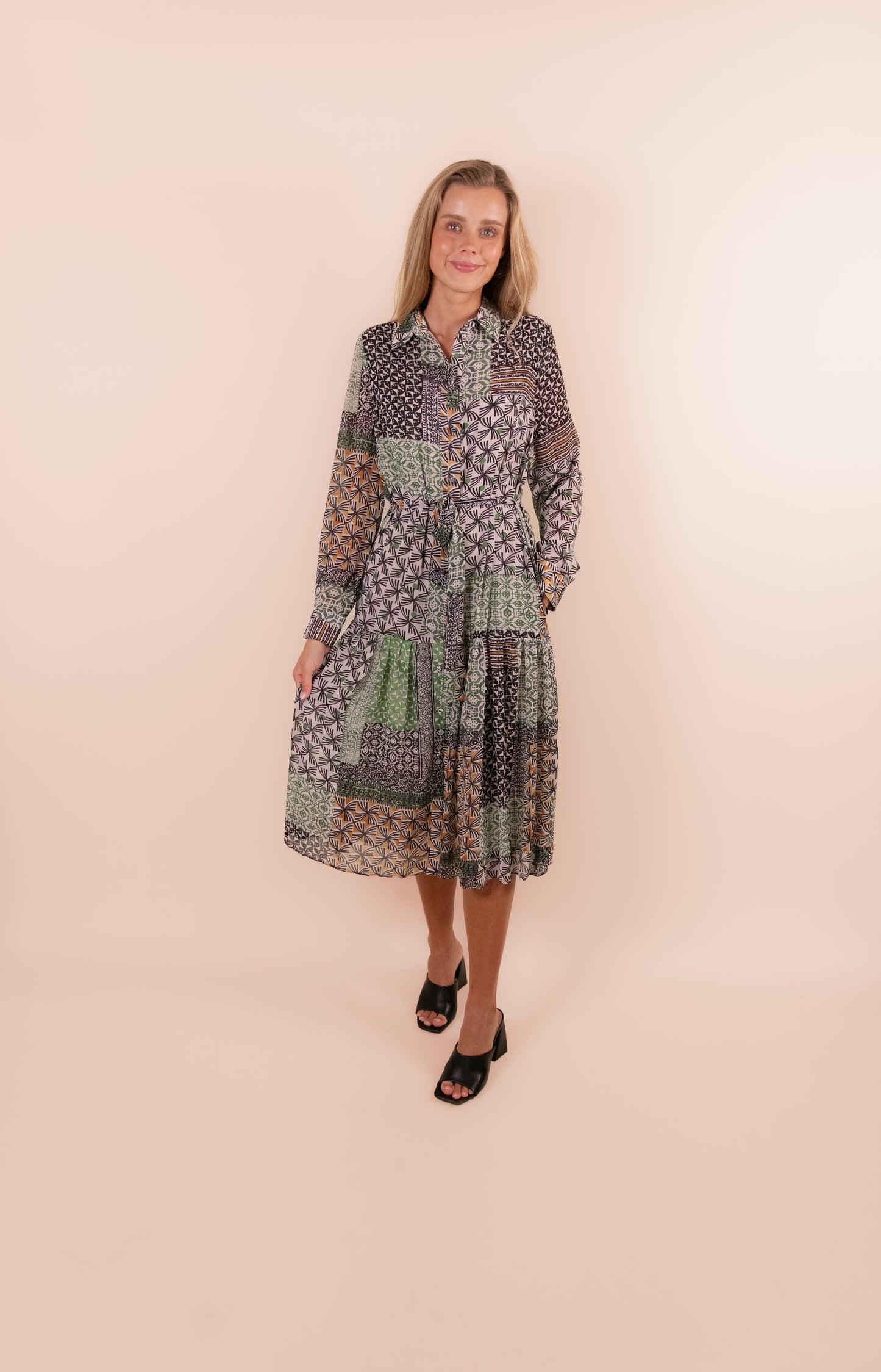 The Margot Printed Chiffon Shirt Dress in Green Multi
