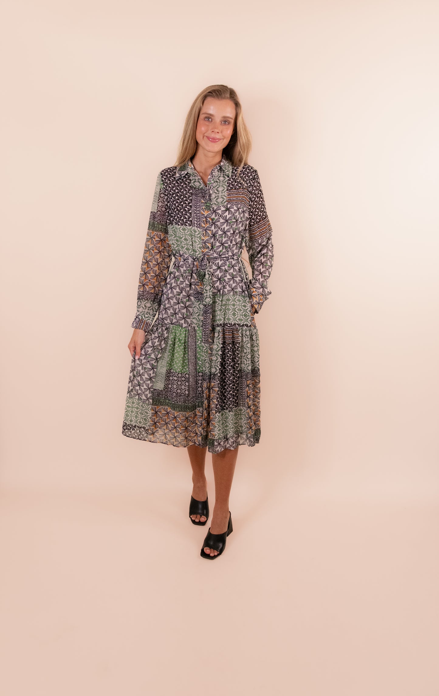 The Margot Printed Chiffon Shirt Dress in Green Multi
