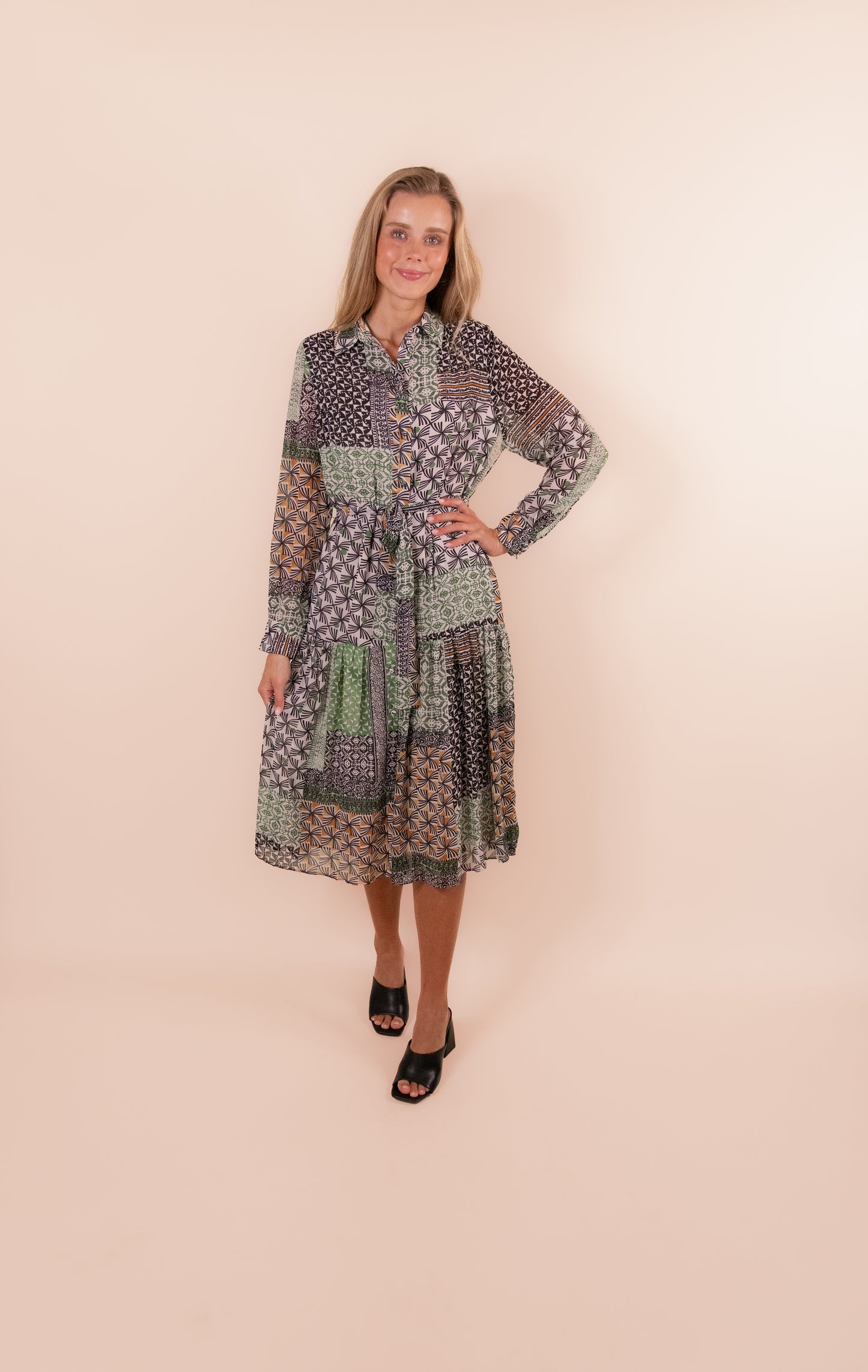 The Margot Printed Chiffon Shirt Dress in Green Multi