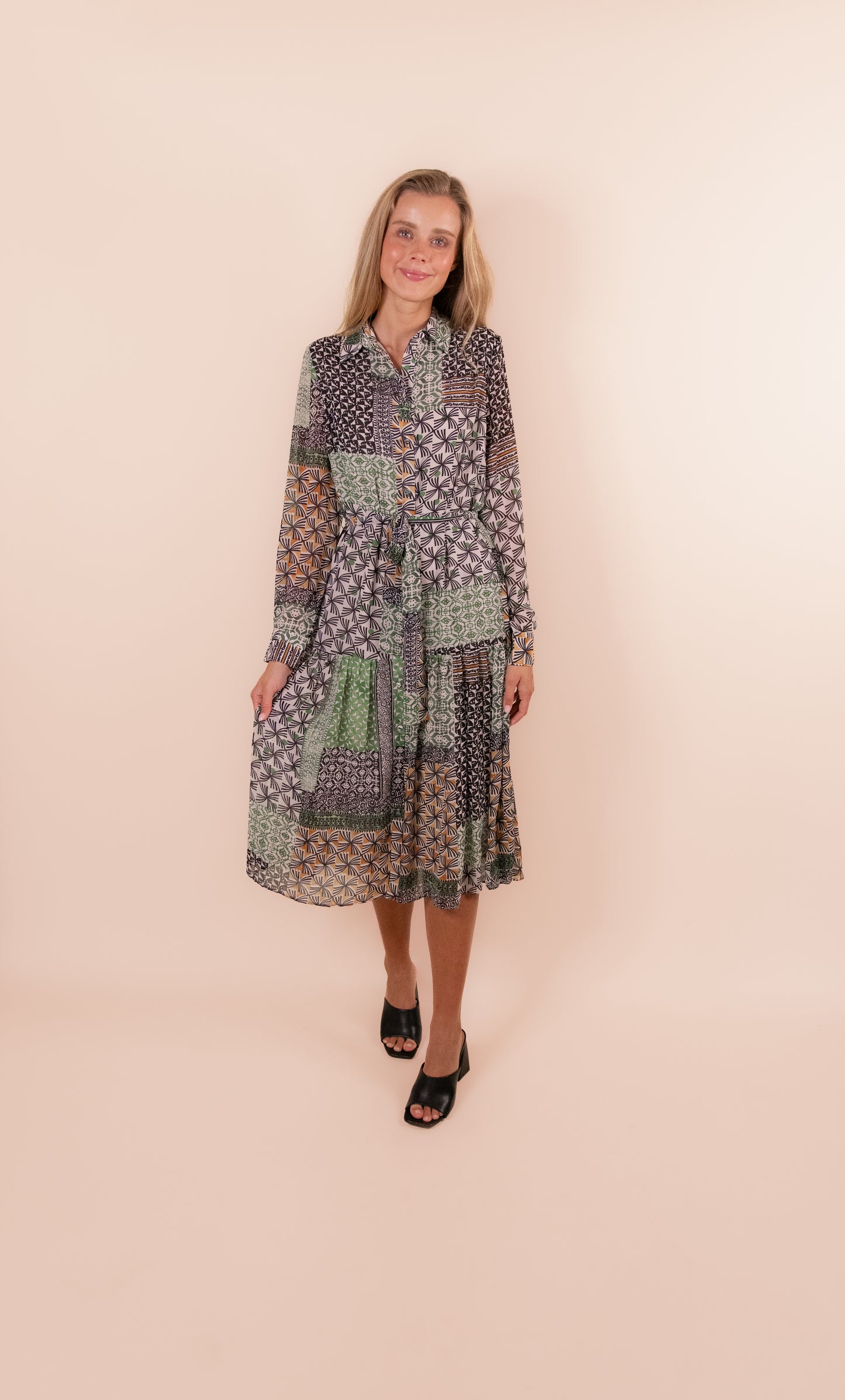 The Margot Printed Chiffon Shirt Dress in Green Multi