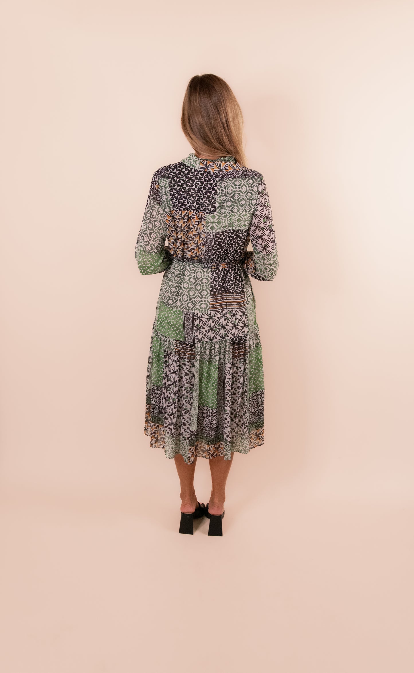 The Margot Printed Chiffon Shirt Dress in Green Multi