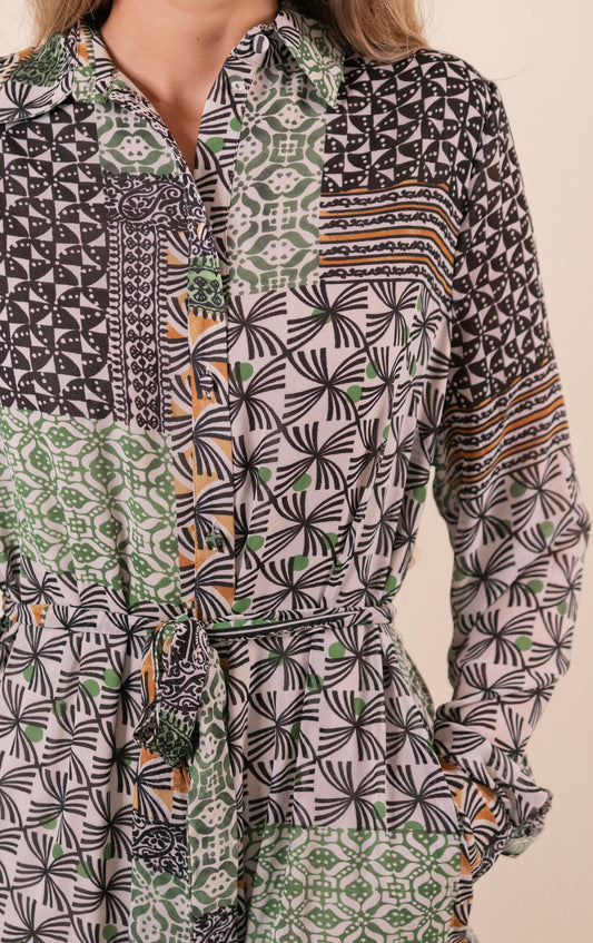 The Margot Printed Chiffon Shirt Dress in Green Multi