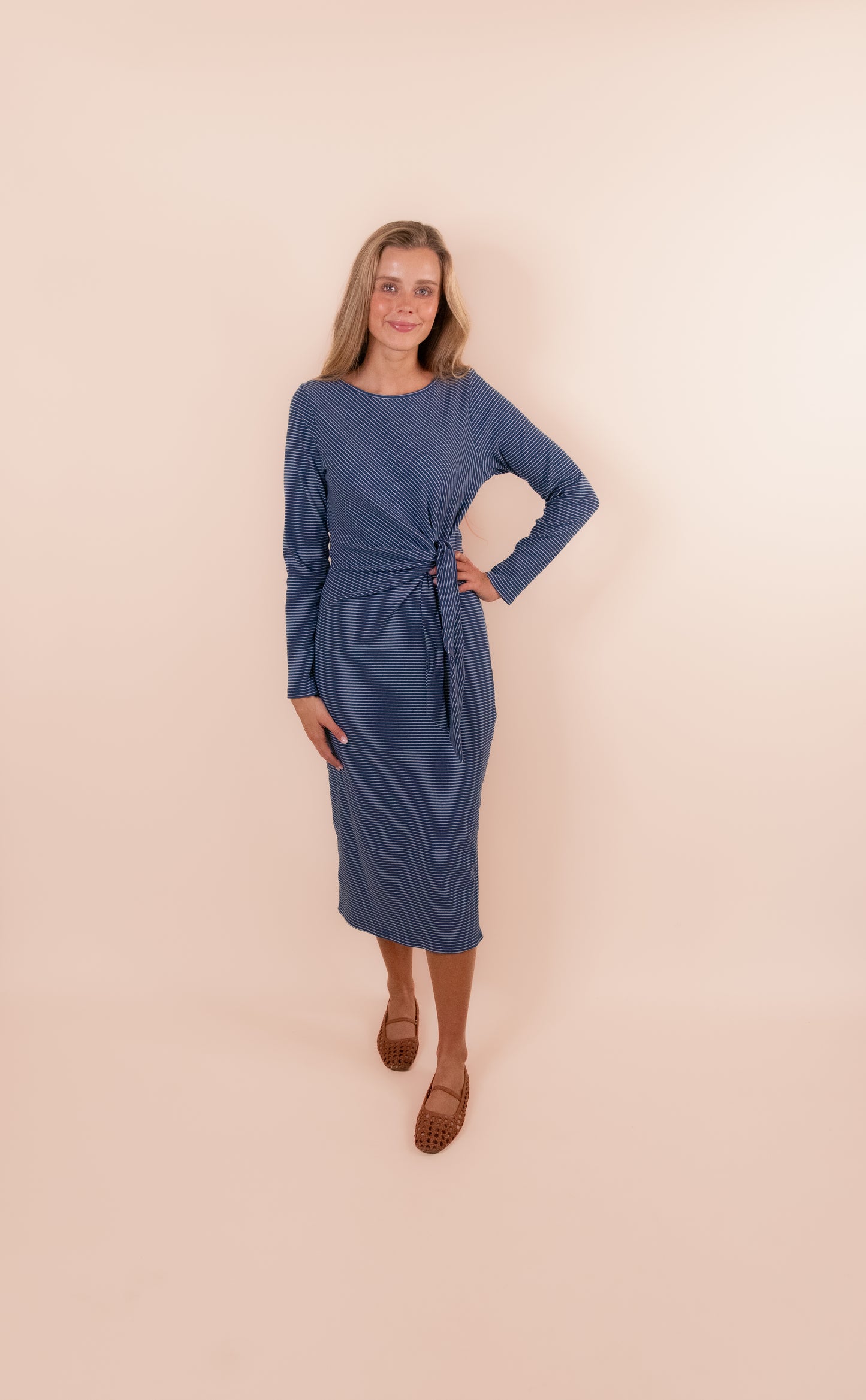 The Addie Ribbed Knit Midi Dress in Navy Stripes