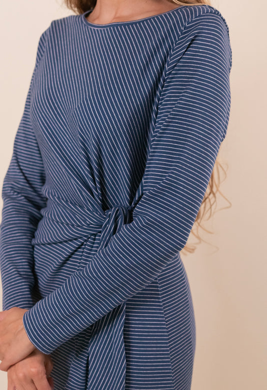 The Addie Ribbed Knit Midi Dress in Navy Stripes
