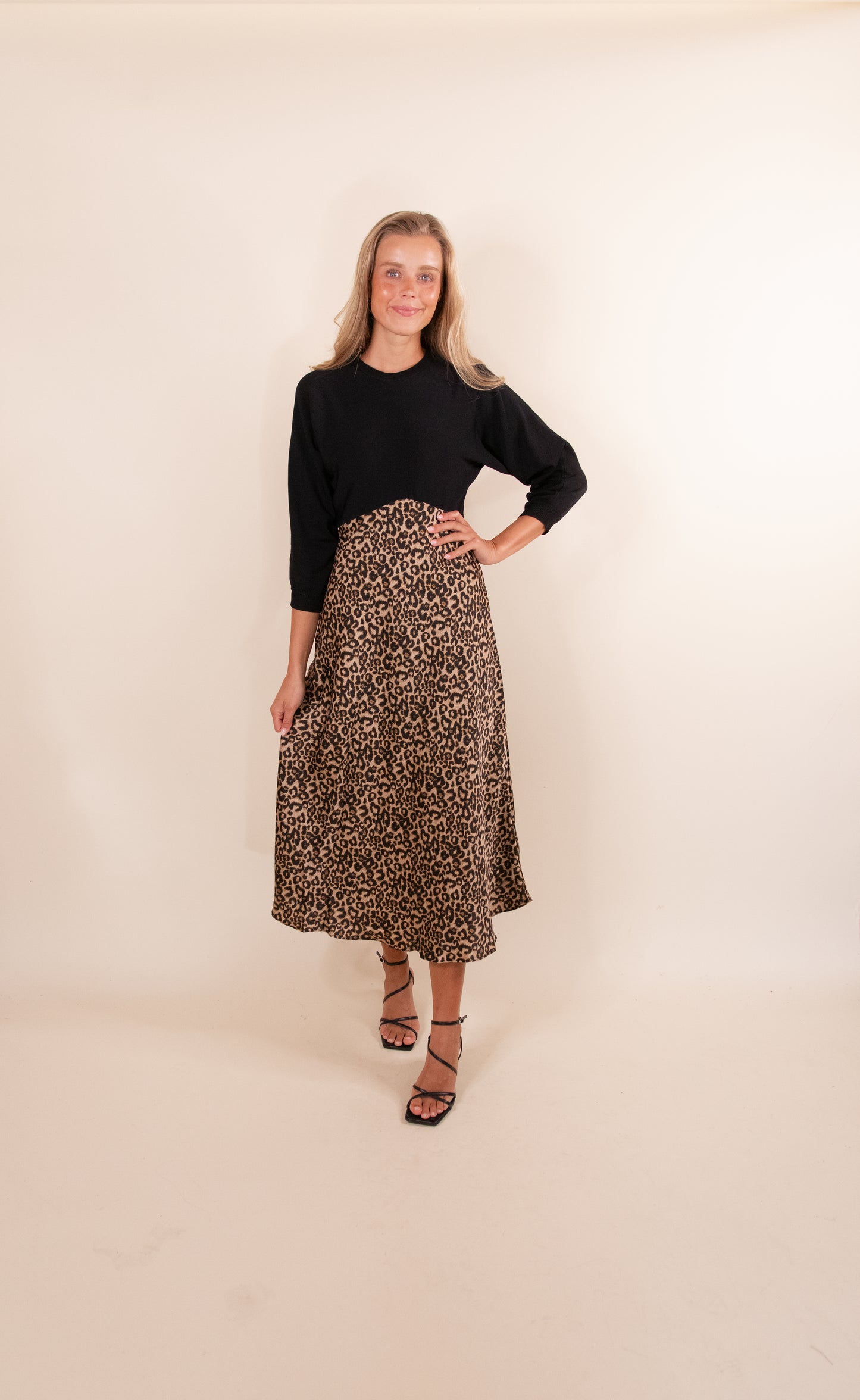 The Avery Satin Sweater Dress in Black & Leopard