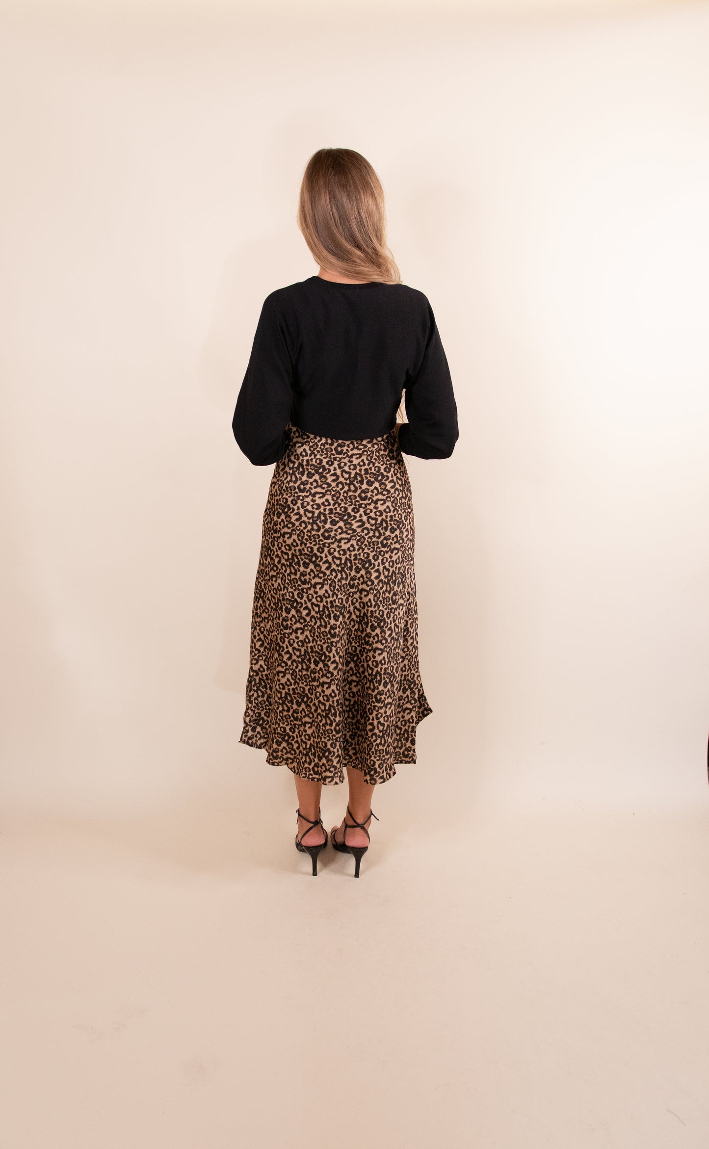 The Avery Satin Sweater Dress in Black & Leopard