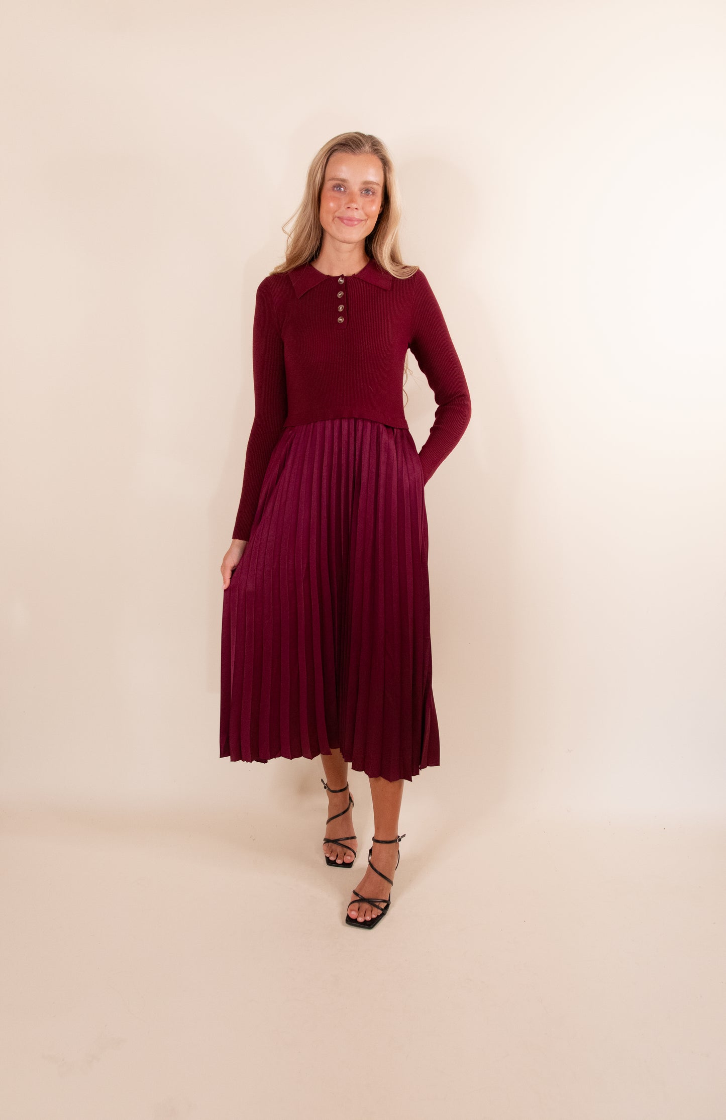 The Lacey Collar Sweater Dress in Cranberry Satin