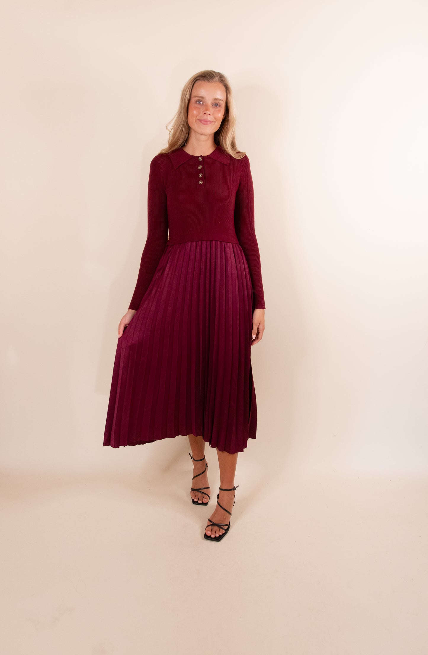 The Lacey Collar Sweater Dress in Cranberry Satin